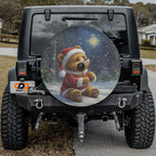 Twinkle Bear Dreams spare tire cover flat shot with dreamy bear on crescent moon under glowing starry blue sky