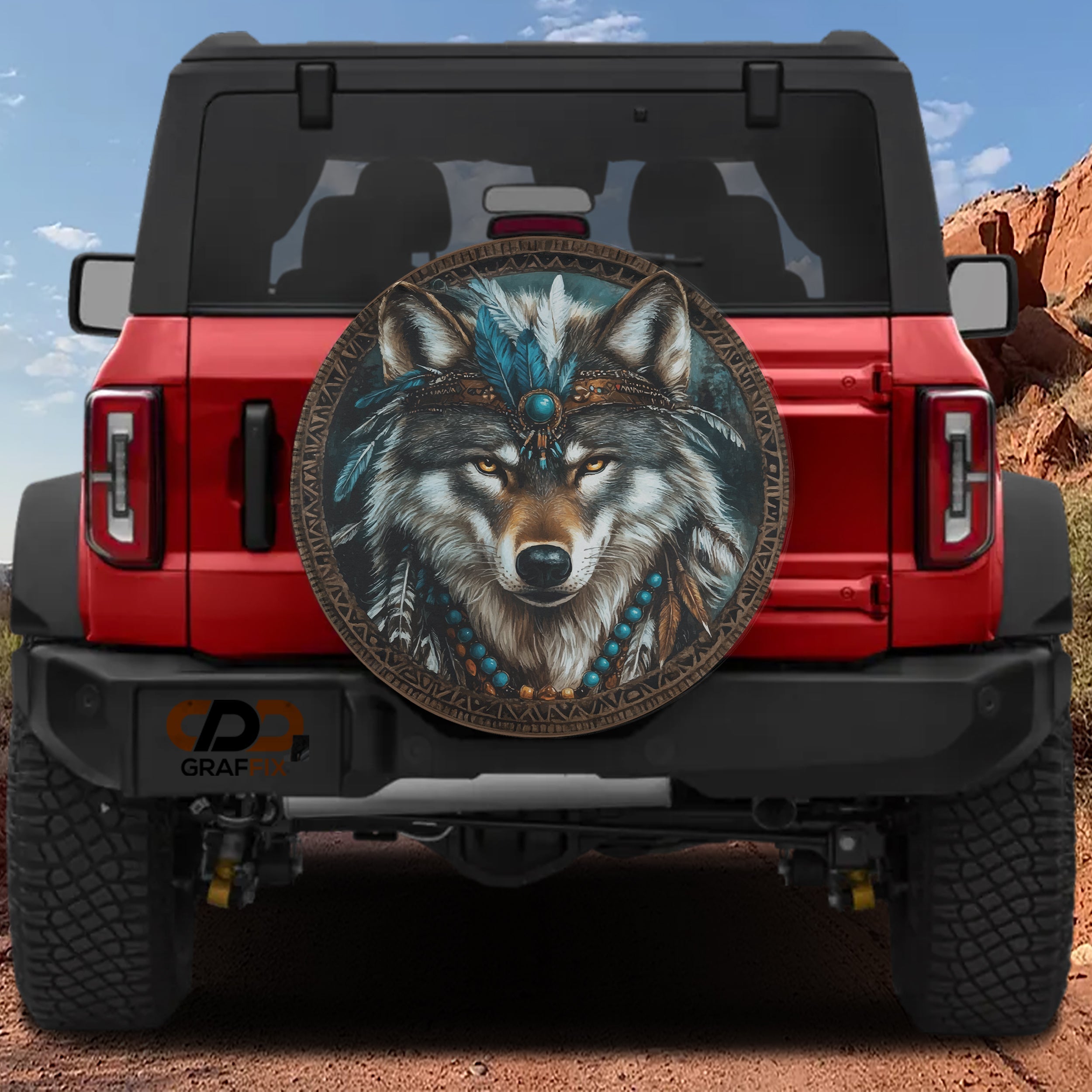 Native American turquoise wolf spare tire cover closeup detail of wolf and feather artwork