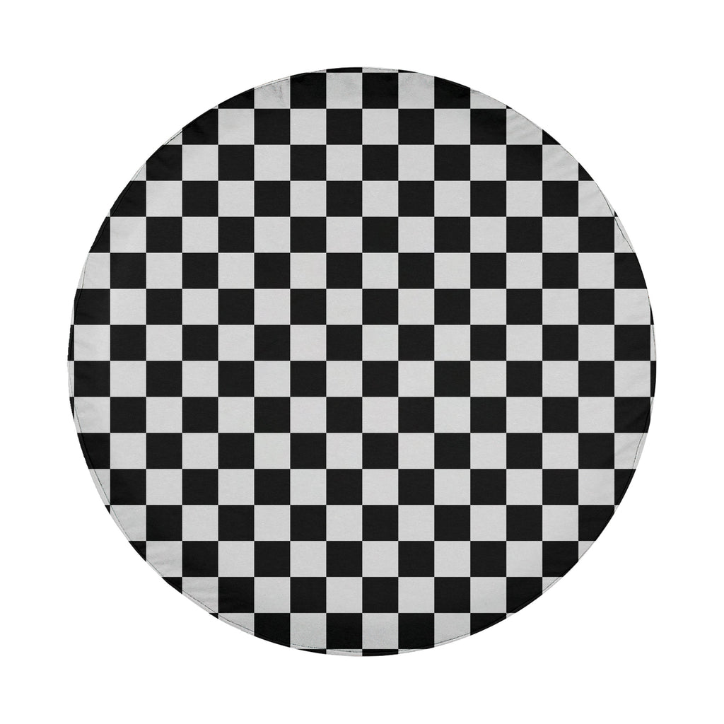 Black and white checkered board spare tire cover flat product view without backup camera hole