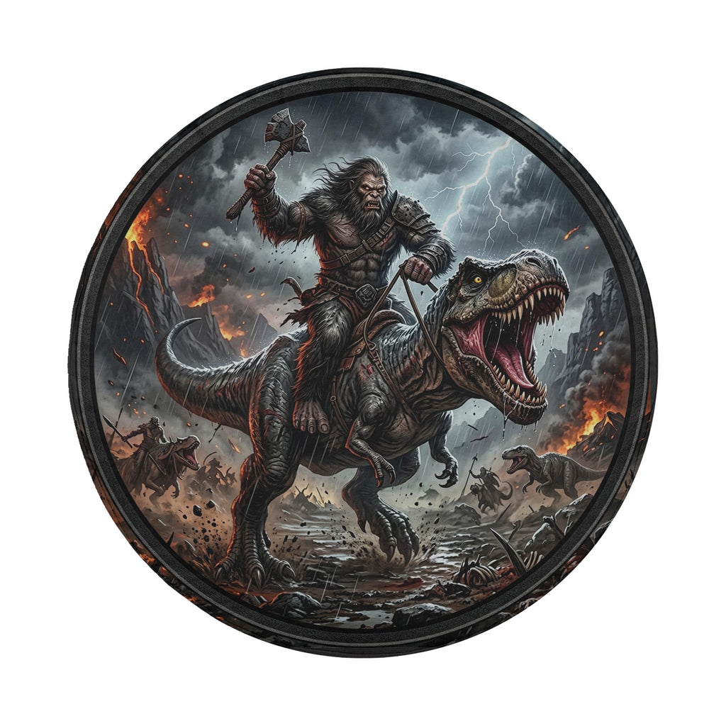 A man rides a large, menacing-looking dinosaur amidst a chaotic battle scene, with flames and explosions in the background.