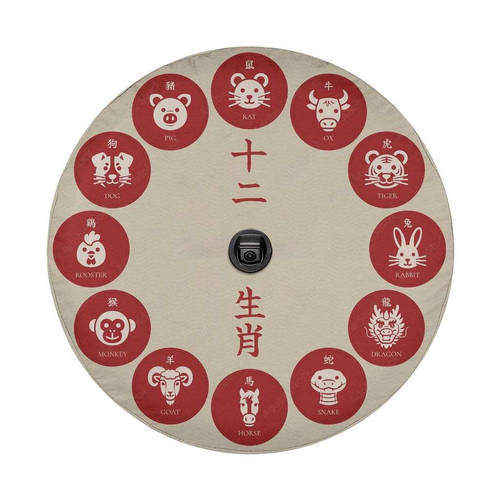 a circular design with a central black button surrounded by 12 red circles, each containing a different animal face and the corresponding Chinese character.