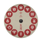 a circular design with a central black button surrounded by 12 red circles, each containing a different animal face and the corresponding Chinese character.