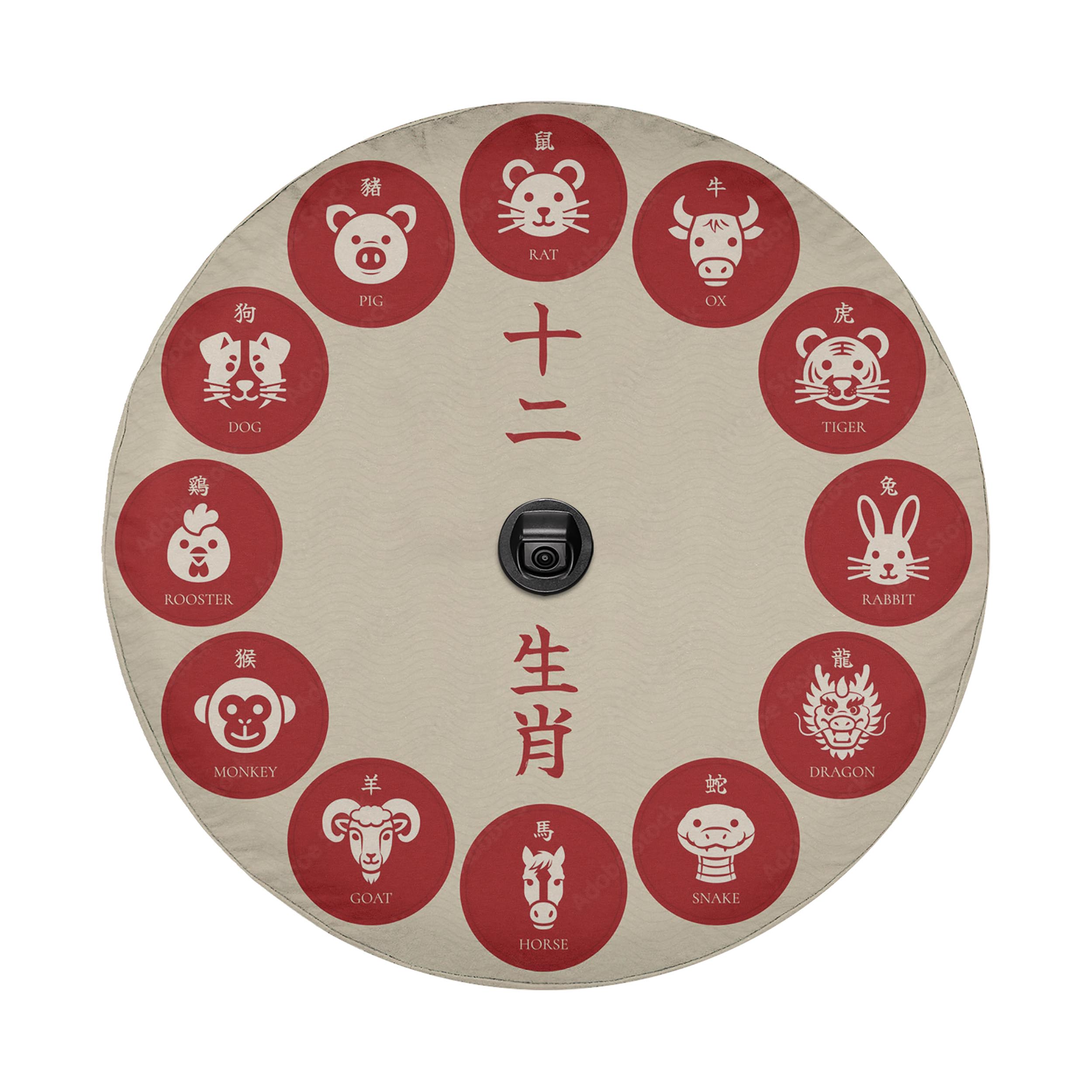 a circular design with a central black button surrounded by 12 red circles, each containing a different animal face and the corresponding Chinese character.
