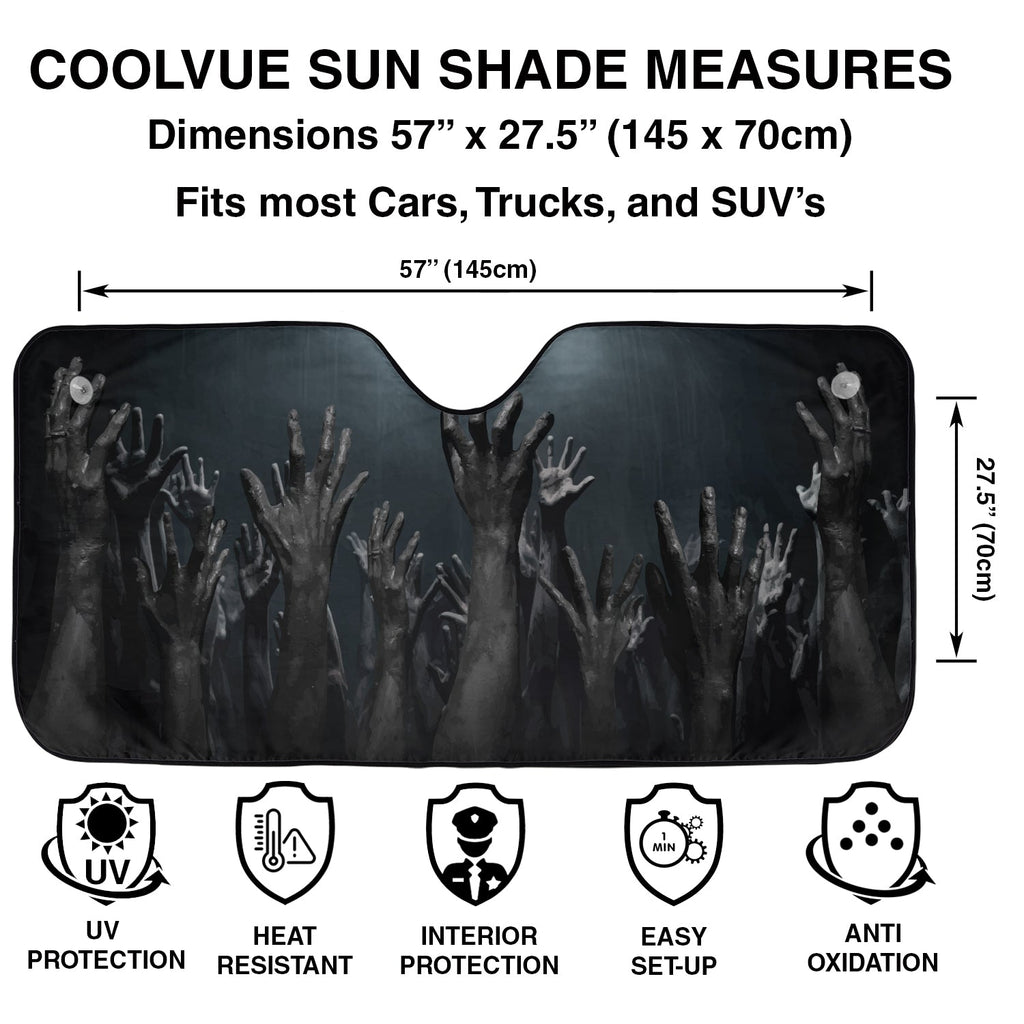 Rise Up Zombie Hands windshield sunshade specs with 57 by 27.5 inch dimensions plus UV protection icons