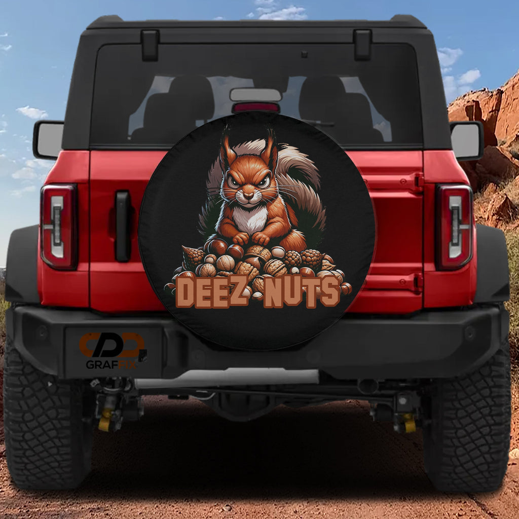 Squirrel Deeze Nuts tire cover on a red Ford Bronco with a sassy orange squirrel hoarding pile of nuts