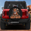 Squirrel Deeze Nuts tire cover on a red Ford Bronco with a sassy orange squirrel hoarding pile of nuts