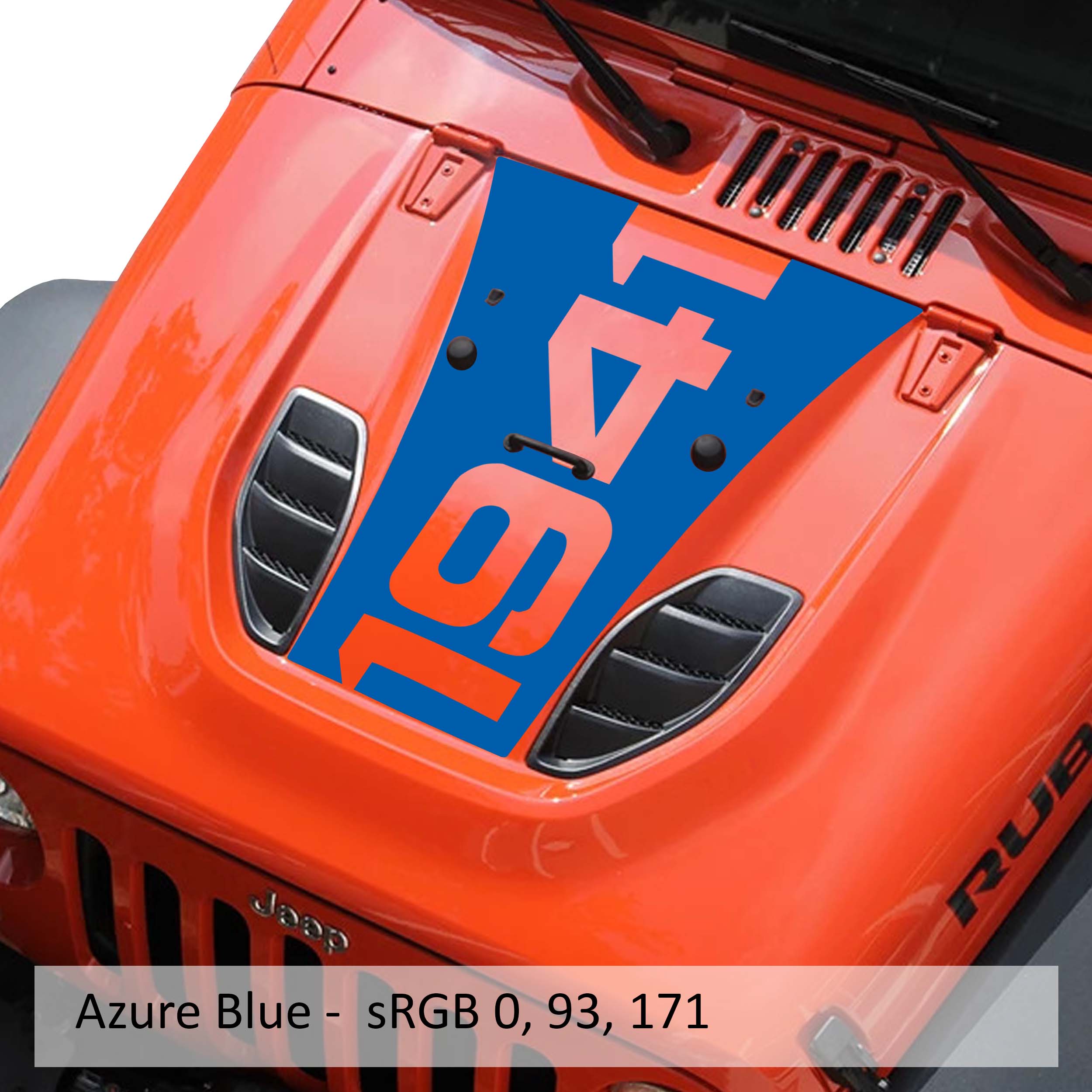 Azure Blue 10th Anniversary 1941 blackout hood decal color swatch for Jeep Wrangler hood