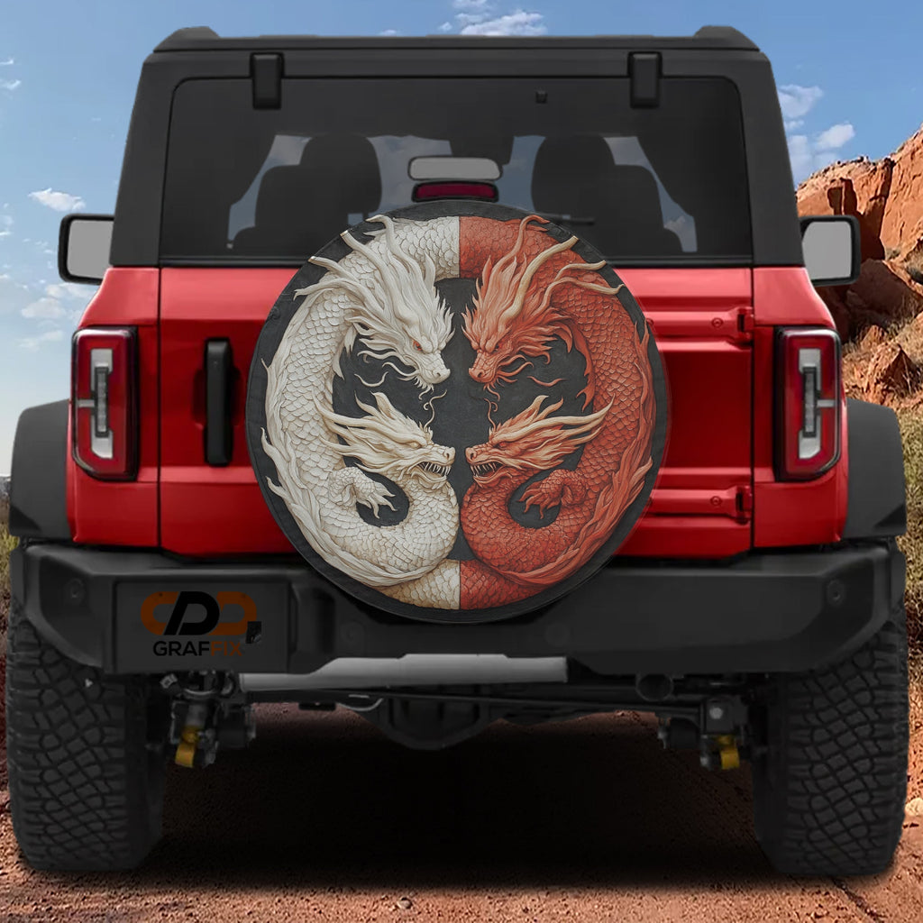 Balance of the Dragons spare tire cover on red Ford Bronco rear featuring sculpted twin dragon artwork