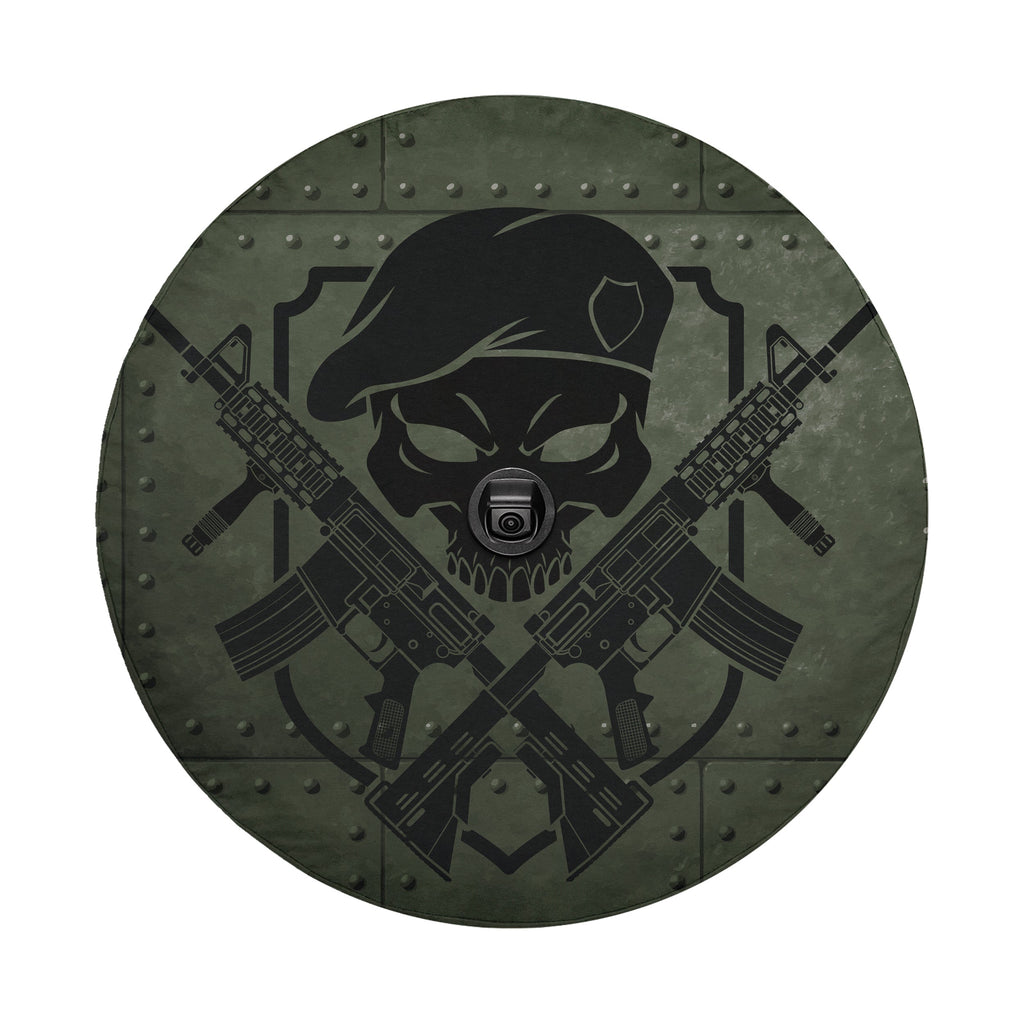 Covert Ops Badge spare tire cover view of beret skull with crossed AR-15 rifles in green panel