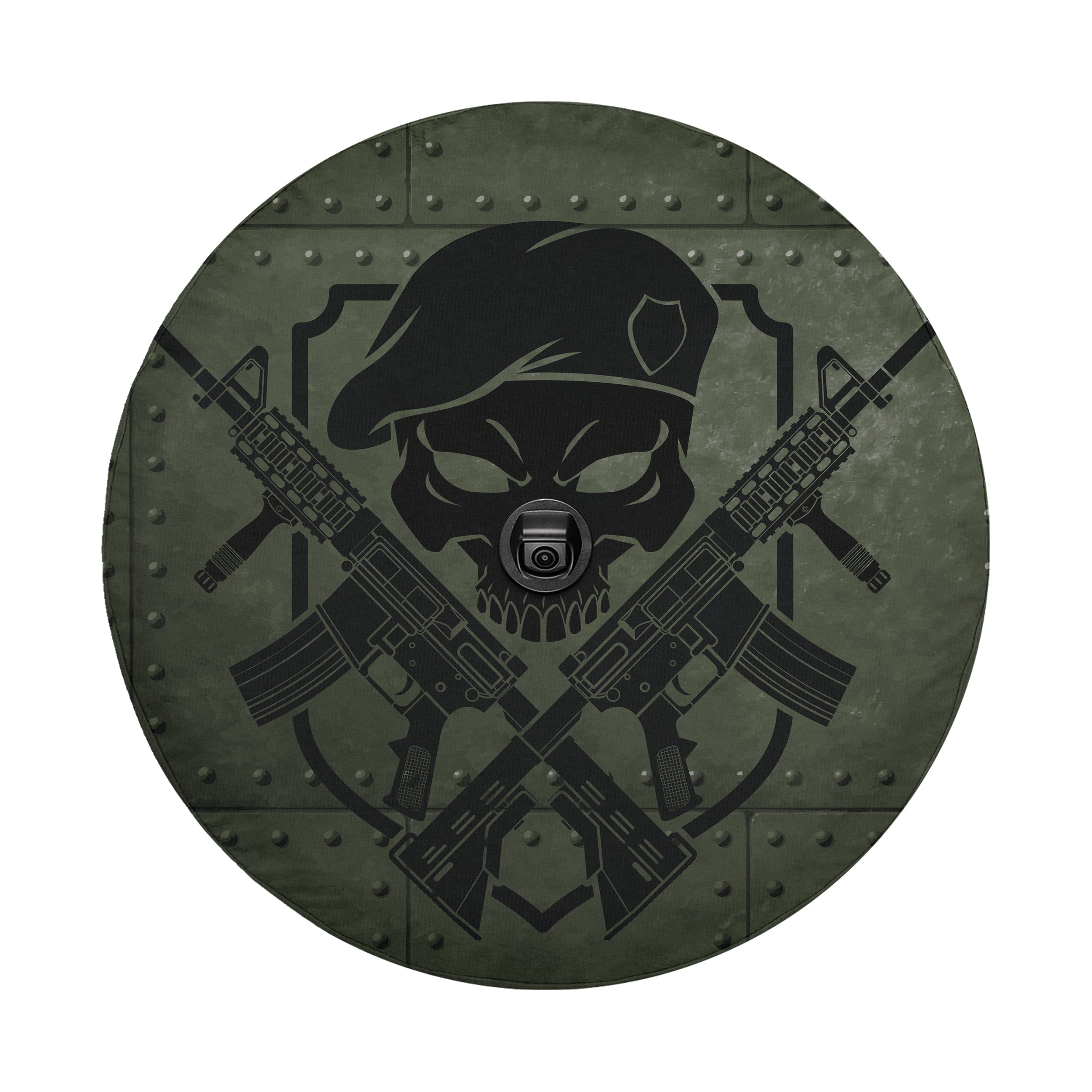 Covert Ops Badge spare tire cover view of beret skull with crossed AR-15 rifles in green panel