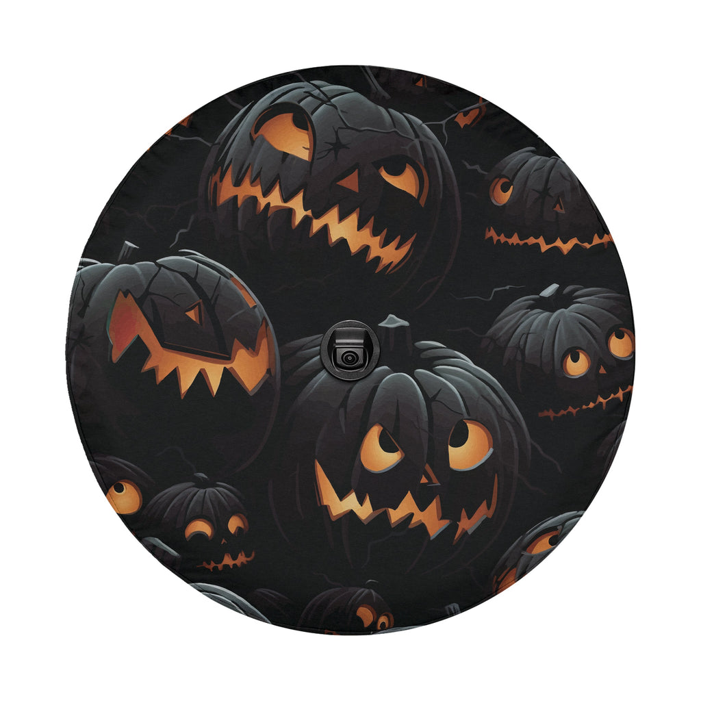 Halloween Shadow Pumpkin Patch spare tire cover view of glowing carved jack-o-lantern faces