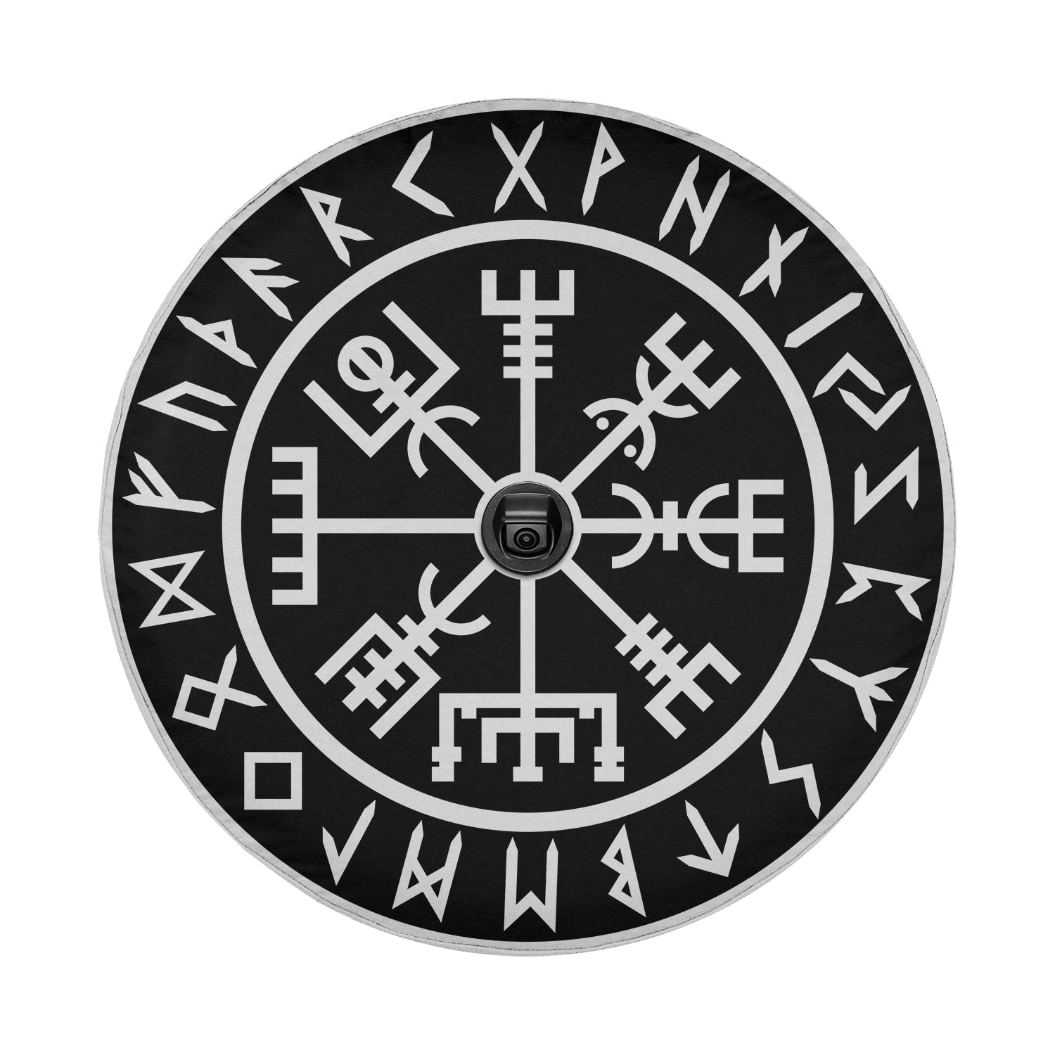 Round Viking Vegvisir compass tire cover with backup camera cutout Norse runes Celtic knot border