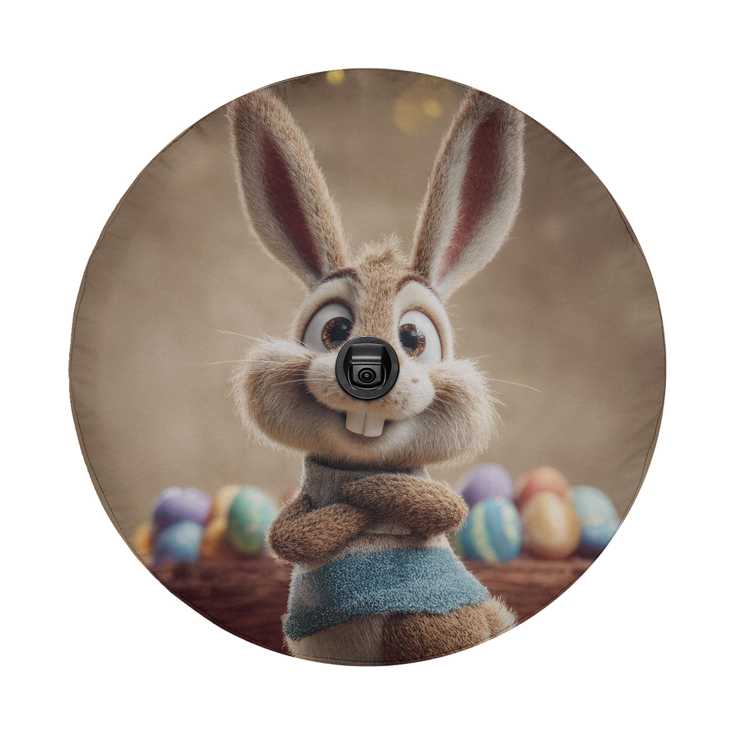 A cartoon rabbit with a camera in its nose, standing in front of a background of colorful Easter eggs.