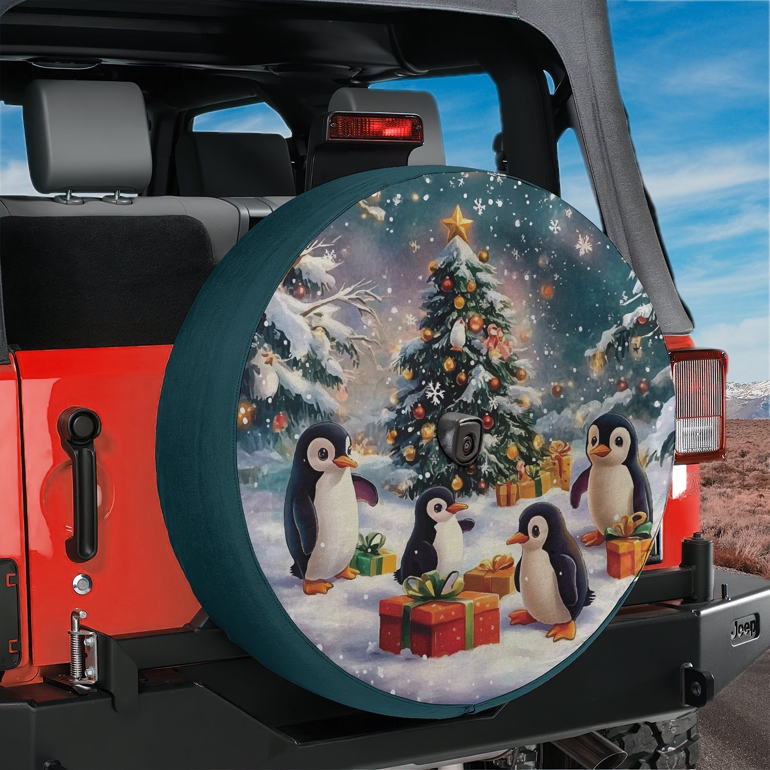 Penguin Present Parade spare tire cover mounted on red Jeep rear with happy penguins carrying Christmas gifts