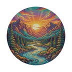 A vibrant, circular illustration depicting a serene mountain landscape with a winding river, pine trees, and a stunning sunset over the peaks.