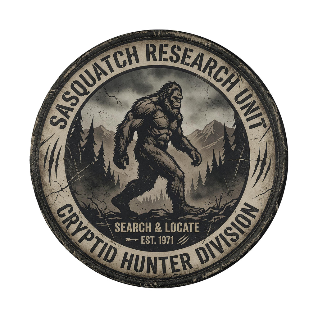 A circular emblem featuring a large Sasquatch-like creature in a forest setting, surrounded by mountains and pine trees. The text around the emblem reads "SASQUATCH RESEARCH UNIT" and "CRYPTID HUNTER DIVISION", indicating the organization's name and its focus on hunting and deciphering Cryptid-related puzzles.