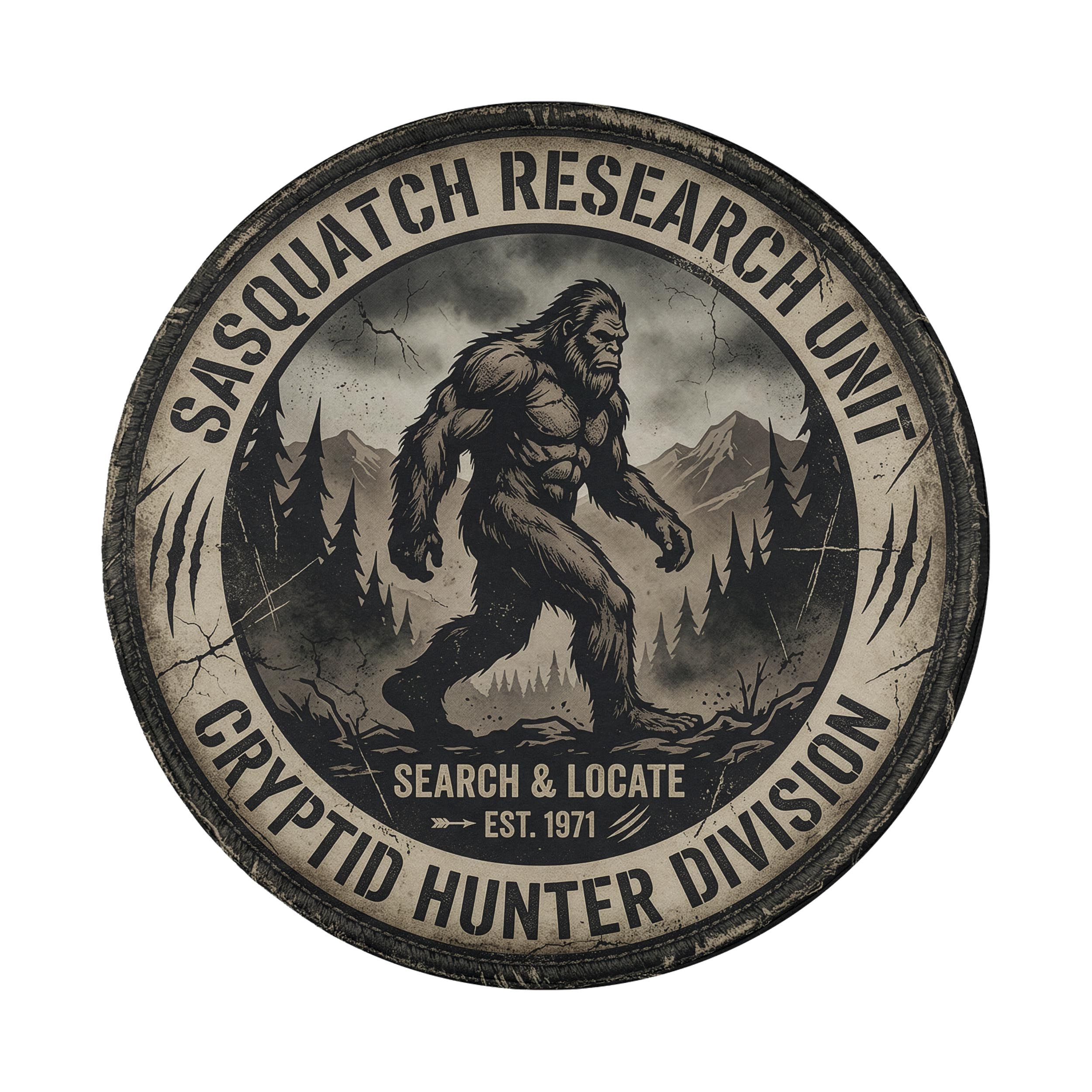A circular emblem featuring a large Sasquatch-like creature in a forest setting, surrounded by mountains and pine trees. The text around the emblem reads "SASQUATCH RESEARCH UNIT" and "CRYPTID HUNTER DIVISION", indicating the organization's name and its focus on hunting and deciphering Cryptid-related puzzles.