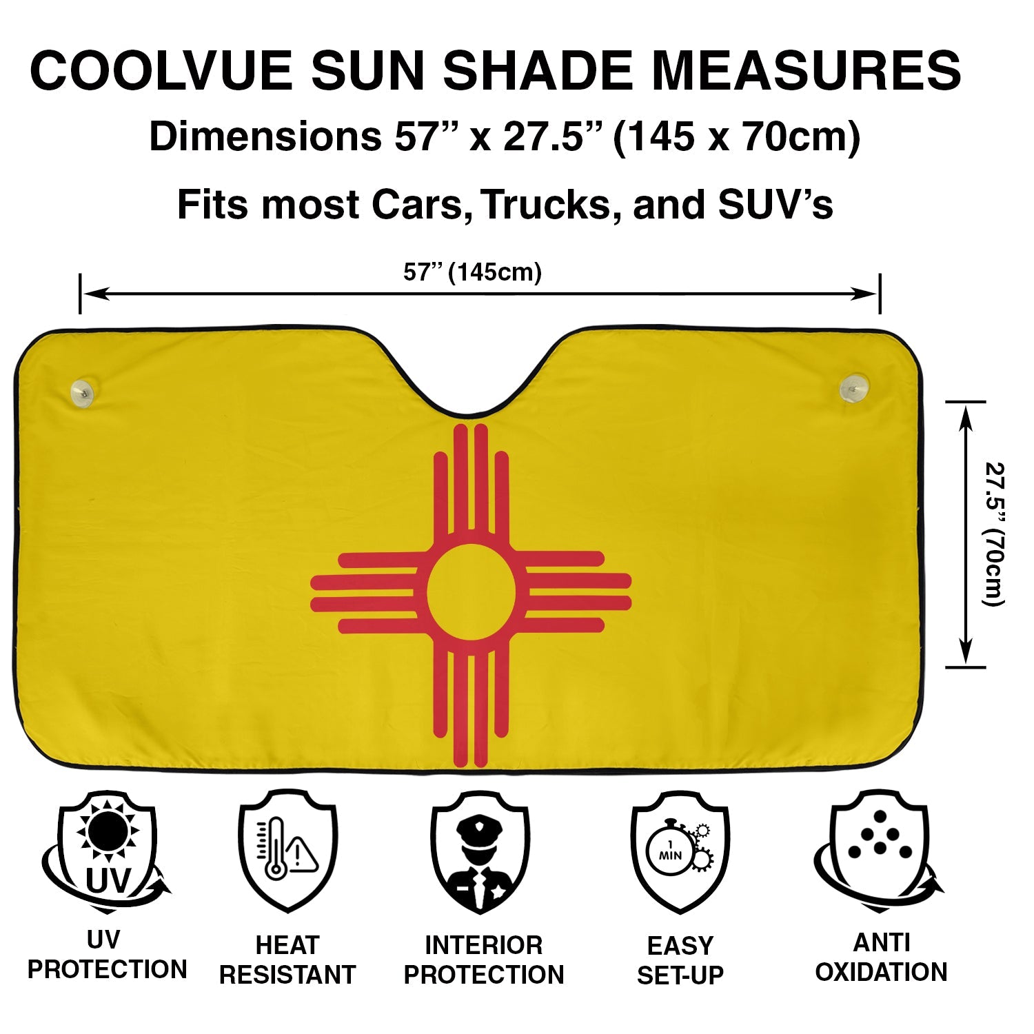New Mexico State Flag windshield sunshade specs panel with 57 by 27.5 inch dimensions plus UV protection icons