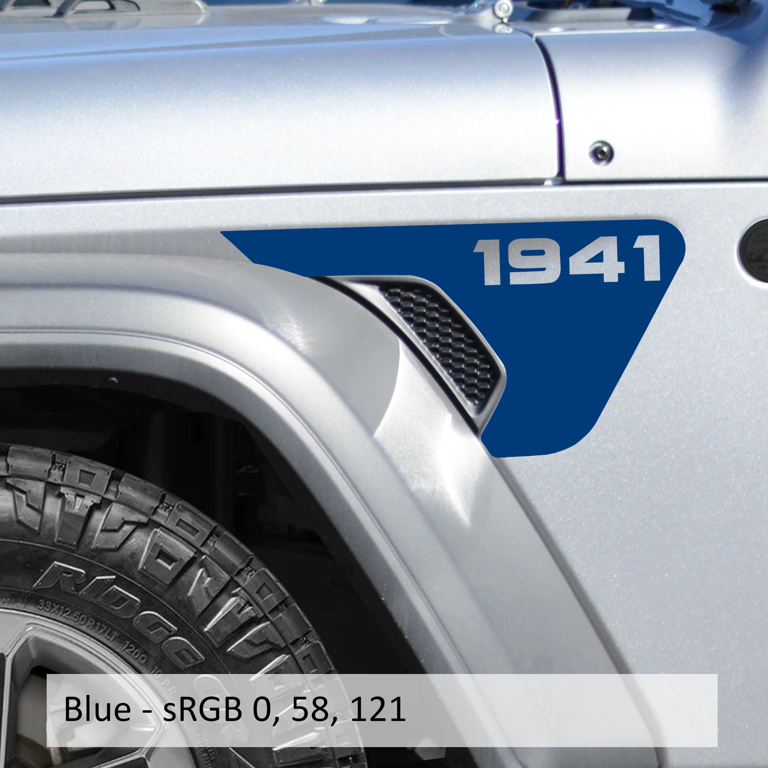 Blue 1941 Jeep Wrangler fender vent transfer decal applied to billet vent insert close-up view