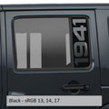 Black 1941 vertical side window decal shown on Jeep Wrangler JKU rear quarter door glass