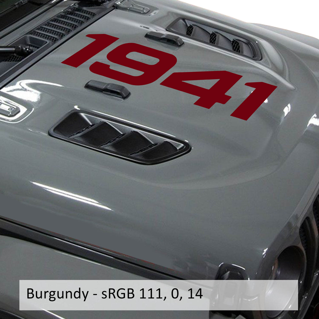 Burgundy 1941 center hood vinyl decal in script font shown on classic Jeep hood panel