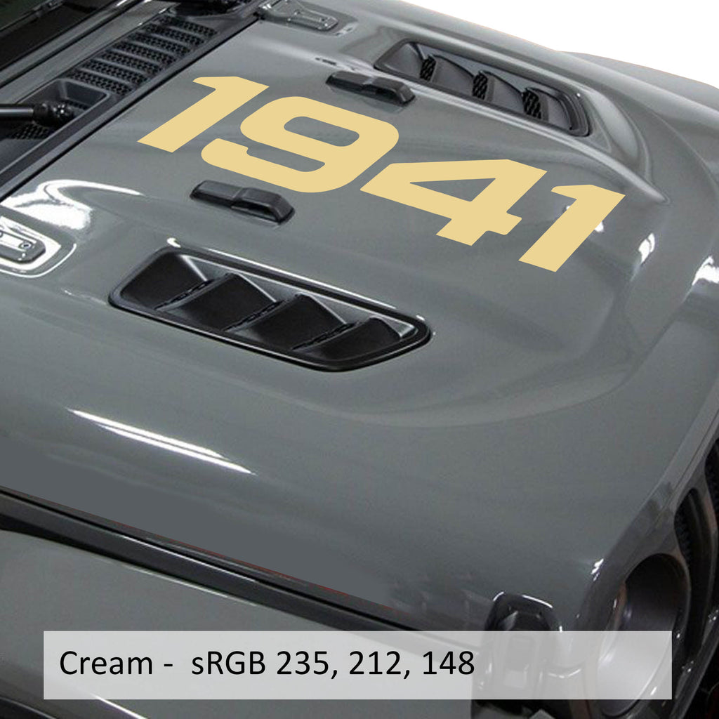 Cream 1941 center hood vinyl decal in script font shown on classic Jeep hood panel