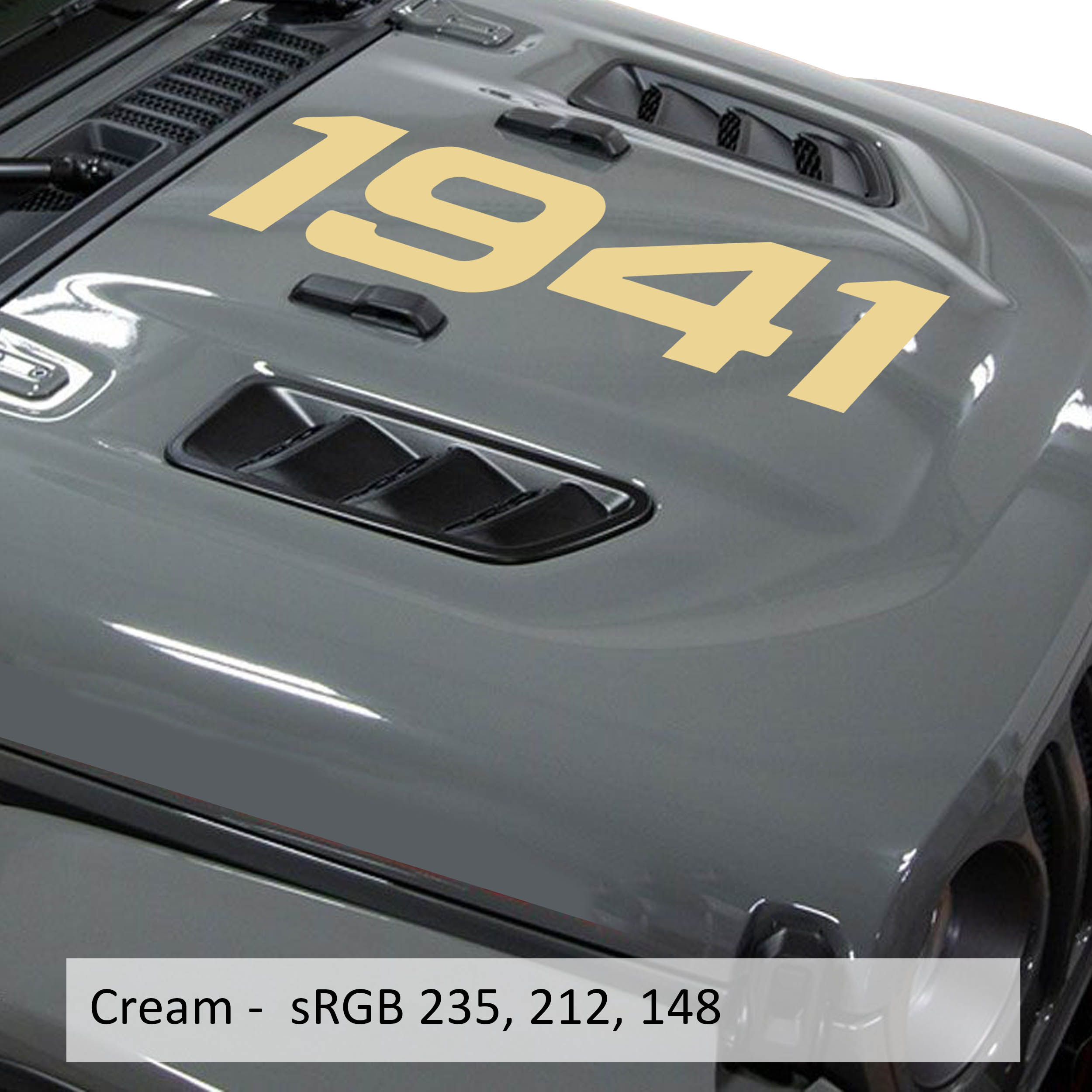 Cream 1941 center hood vinyl decal in script font shown on classic Jeep hood panel