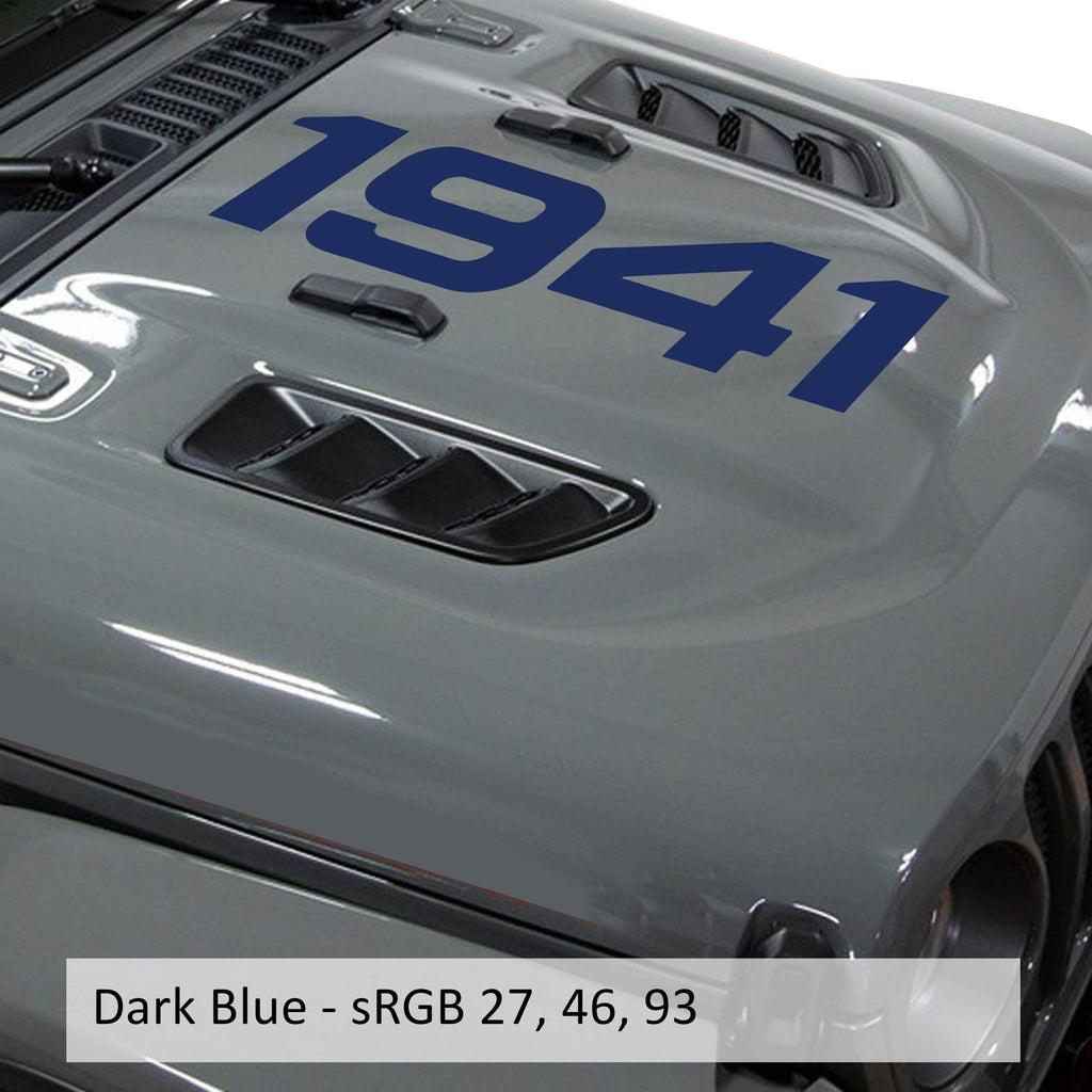 Dark blue 1941 center hood vinyl decal in script font shown on classic Jeep hood panel