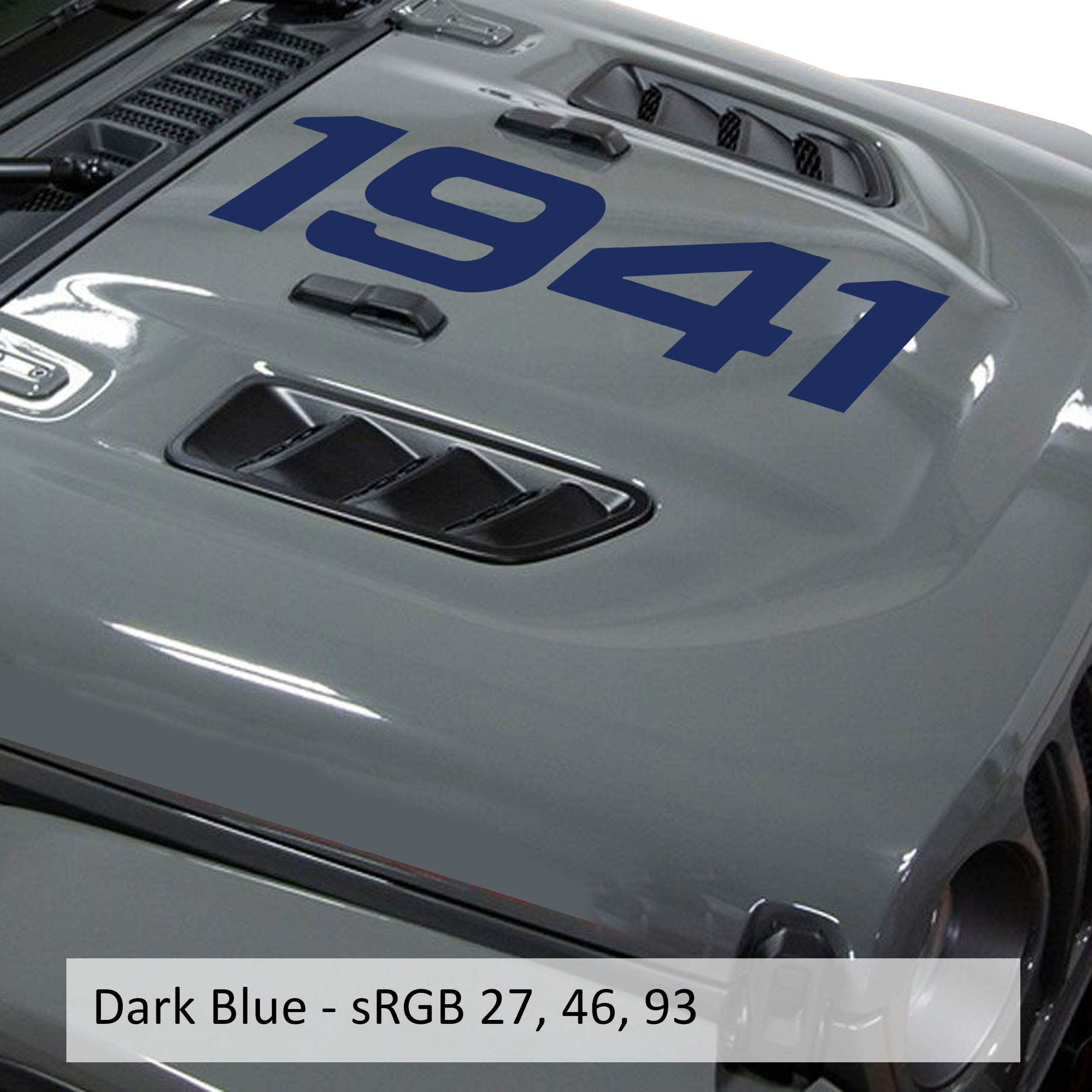 Dark blue 1941 center hood vinyl decal in script font shown on classic Jeep hood panel