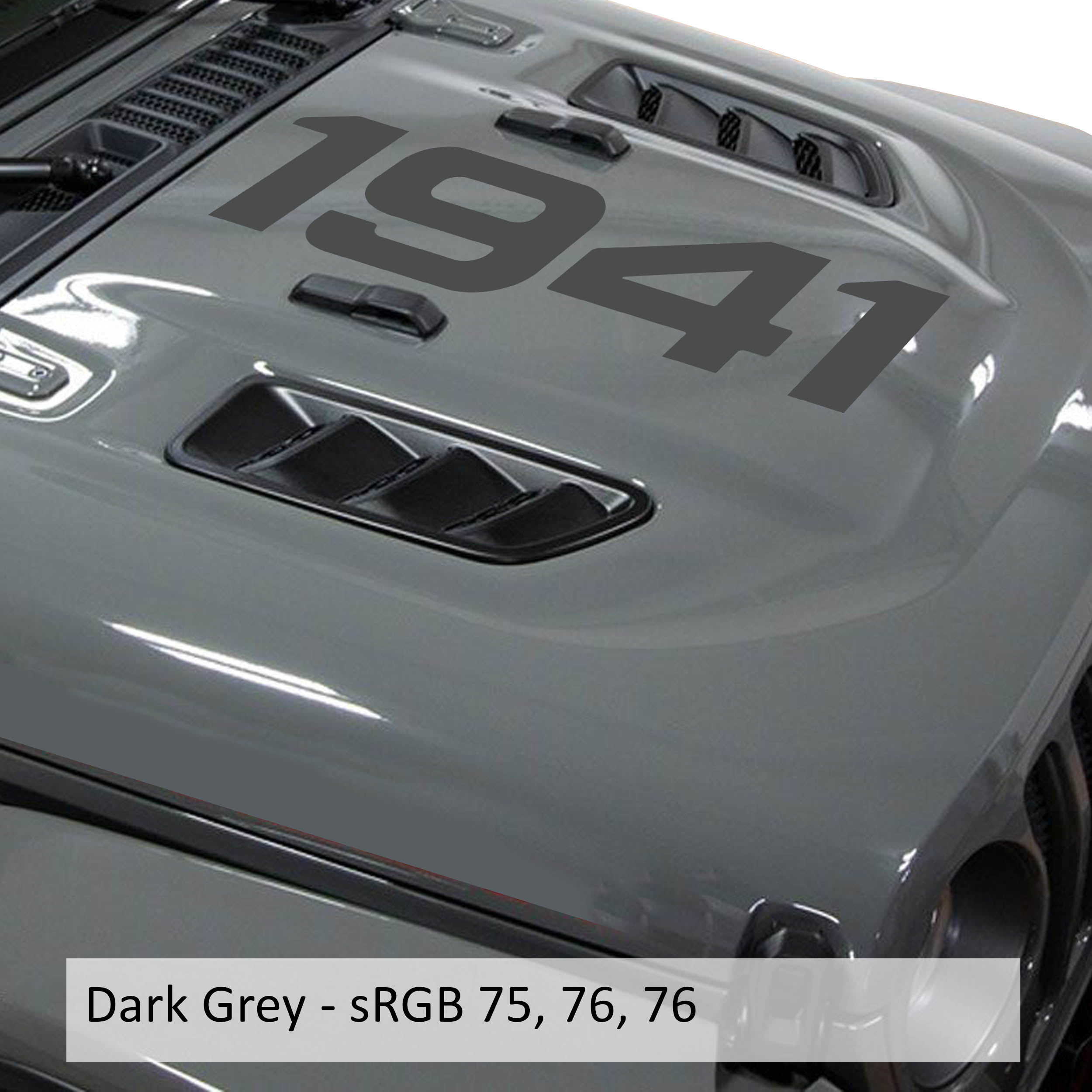 Dark gray 1941 center hood vinyl decal in script font shown on classic Jeep hood panel