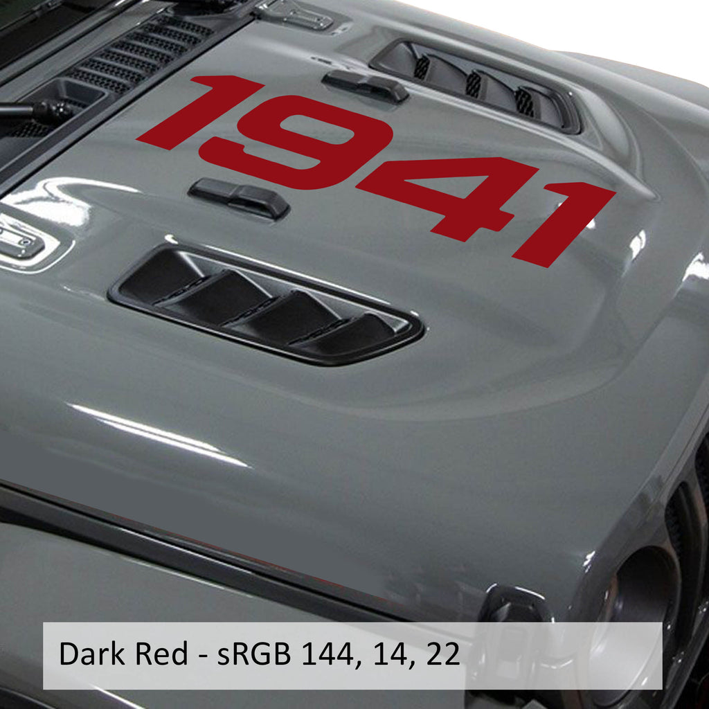 Dark red 1941 center hood vinyl decal in script font shown on classic Jeep hood panel