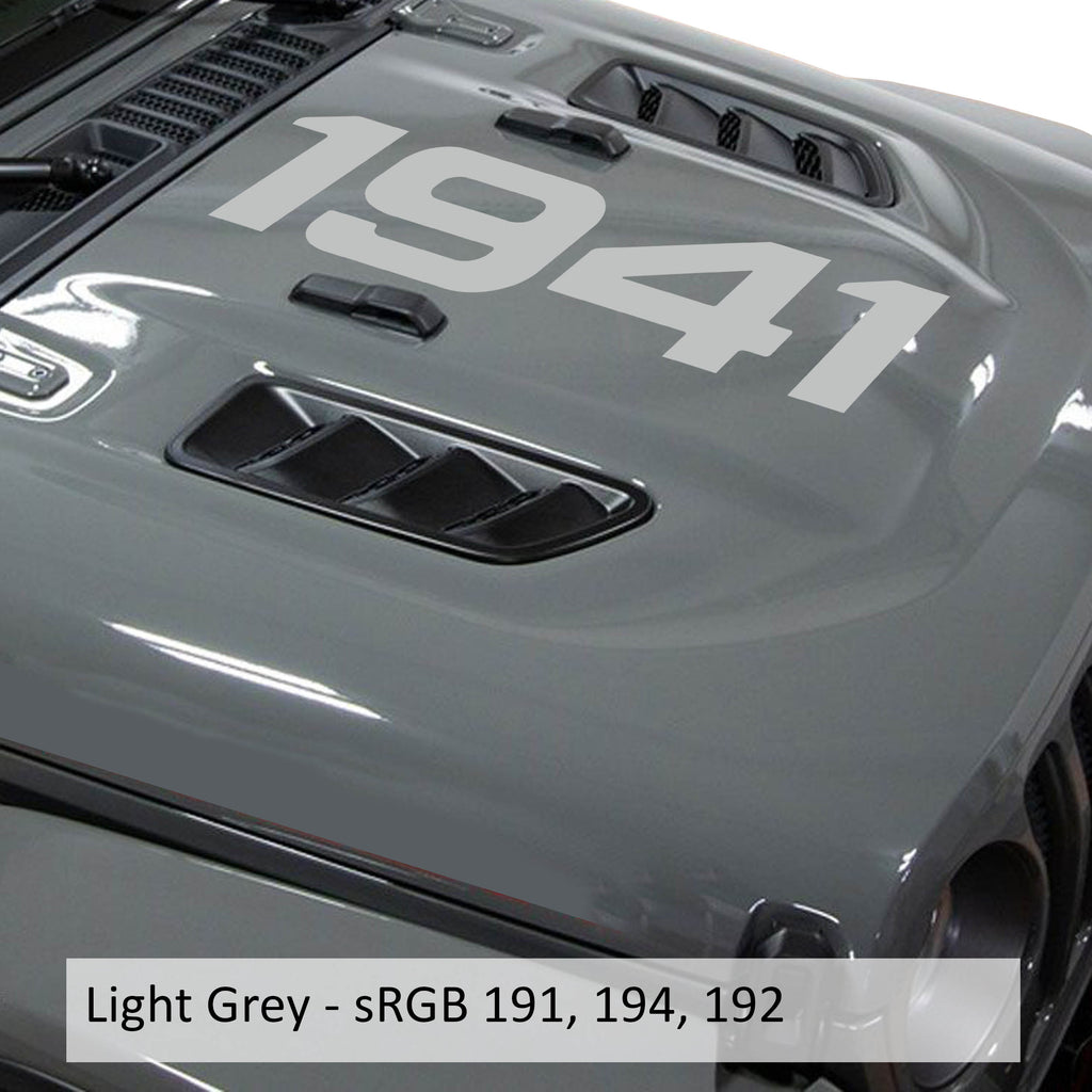Light gray 1941 center hood vinyl decal in script font shown on classic Jeep hood panel