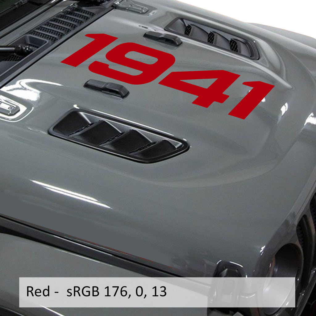 Red 1941 center hood vinyl decal in script font shown on classic Jeep hood panel