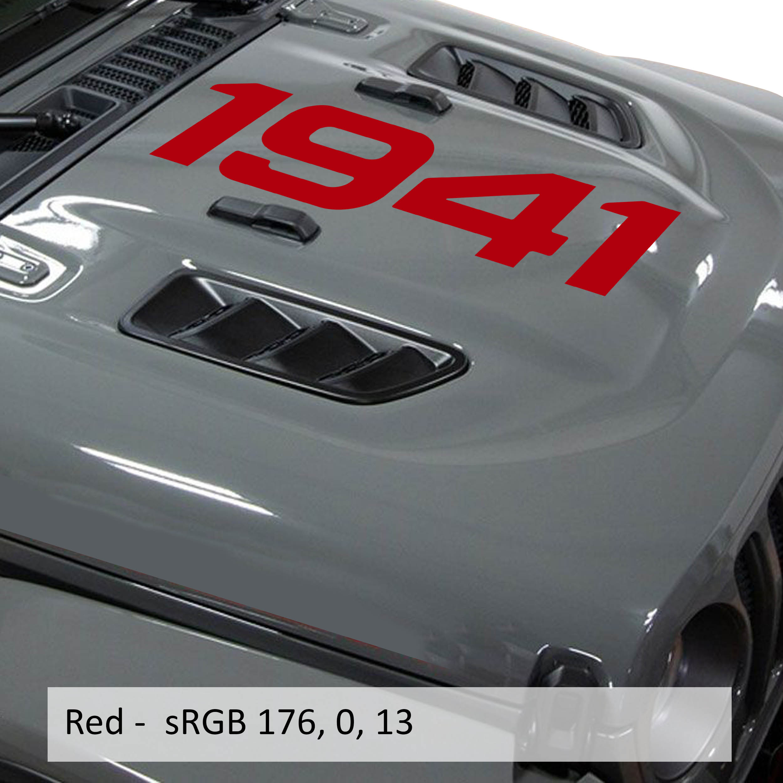 Red 1941 center hood vinyl decal in script font shown on classic Jeep hood panel