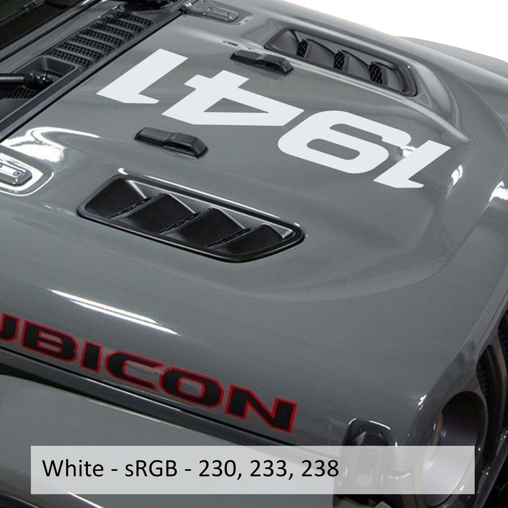 White 1941 center hood vinyl decal in script font shown on classic Jeep hood panel