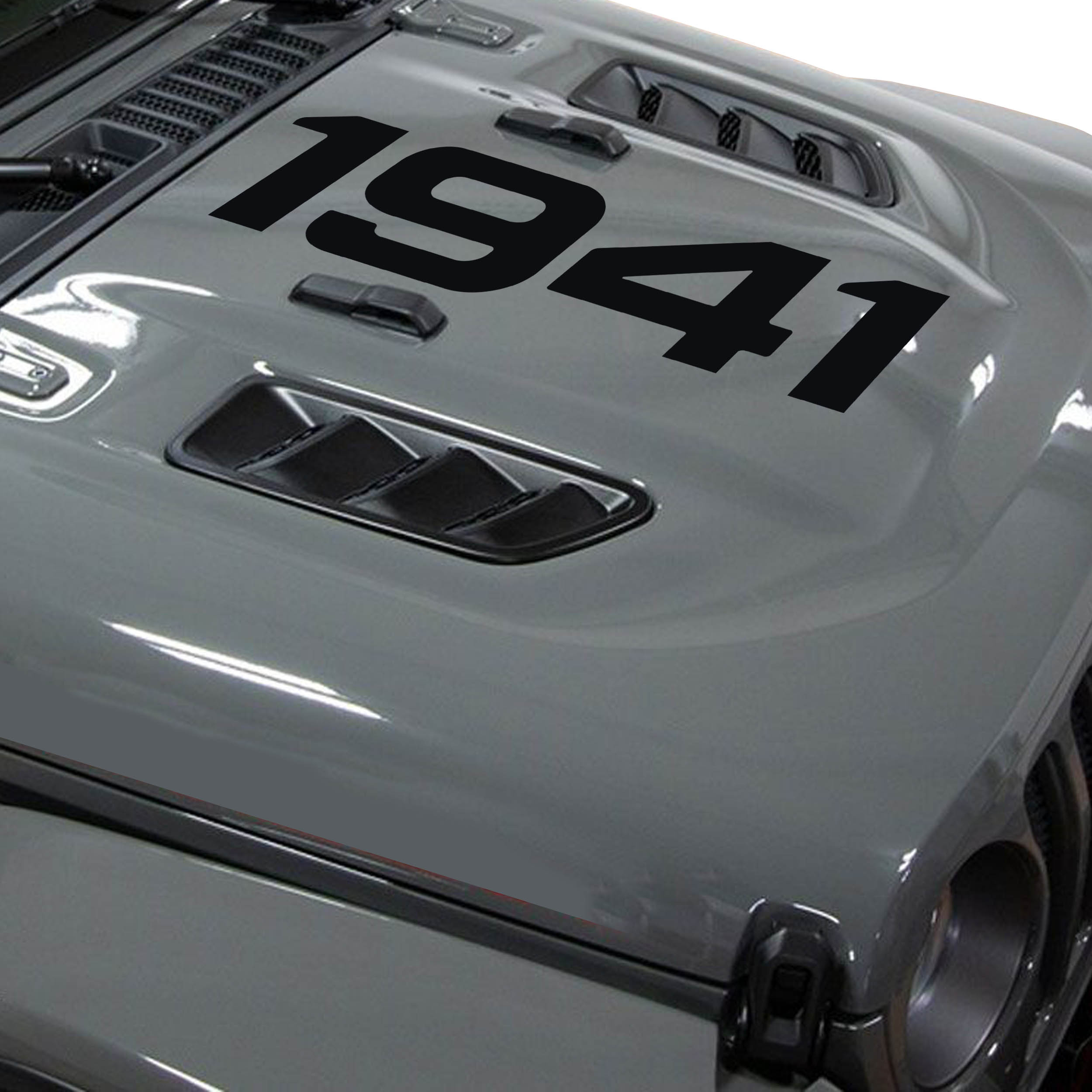 Black 1941 center hood vinyl decal in script font shown on classic Jeep hood panel