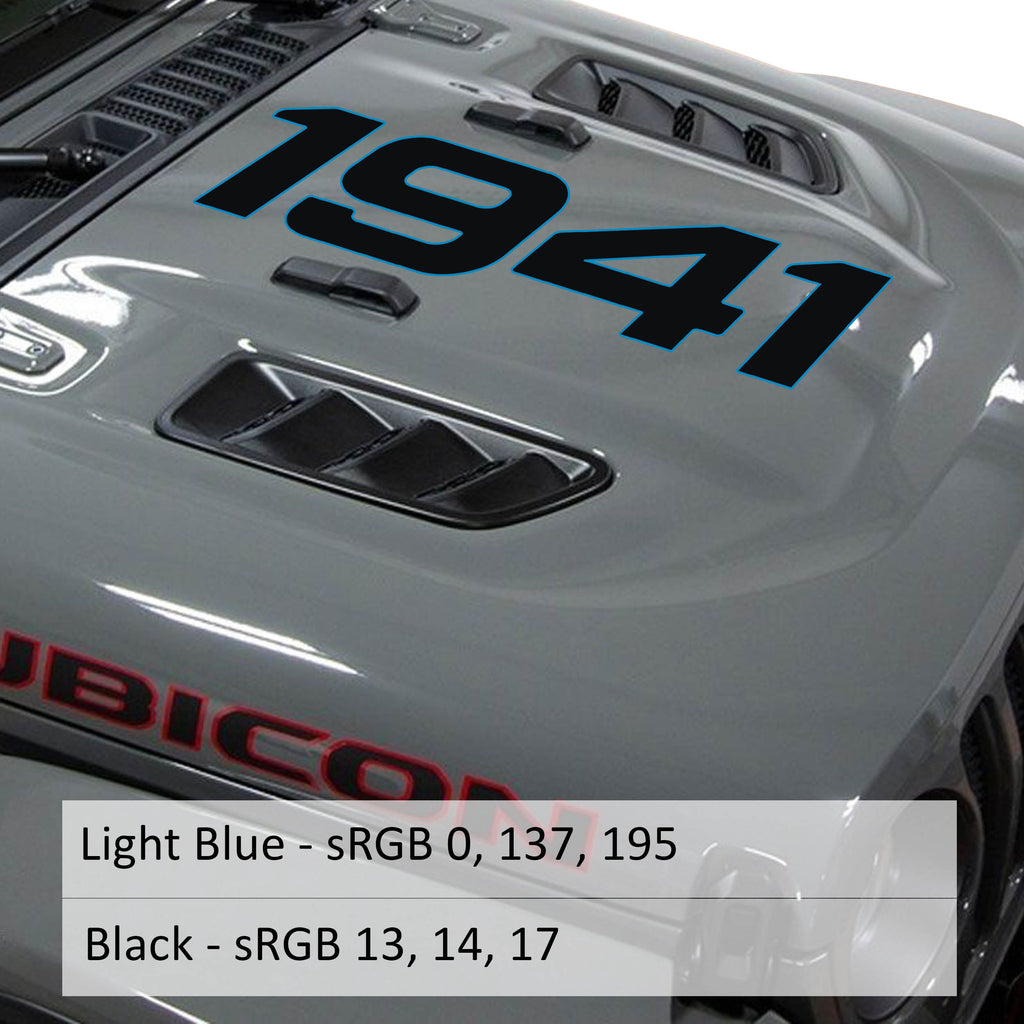 Light blue outlined 1941 center hood vinyl decal in script font on classic Jeep hood panel