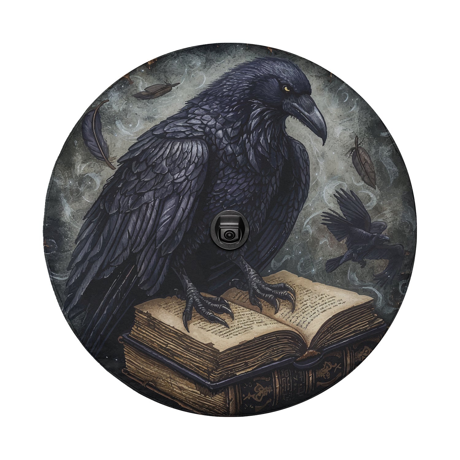 Huginn's Black Raven Tome spare tire cover flat product shot showing dark spell book with raven and rune accents