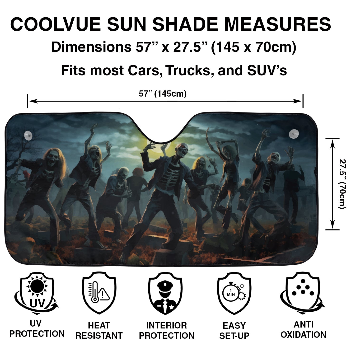 Zombie Dance windshield sunshade specs panel with 57 by 27.5 inch dimensions plus UV heat protection icons