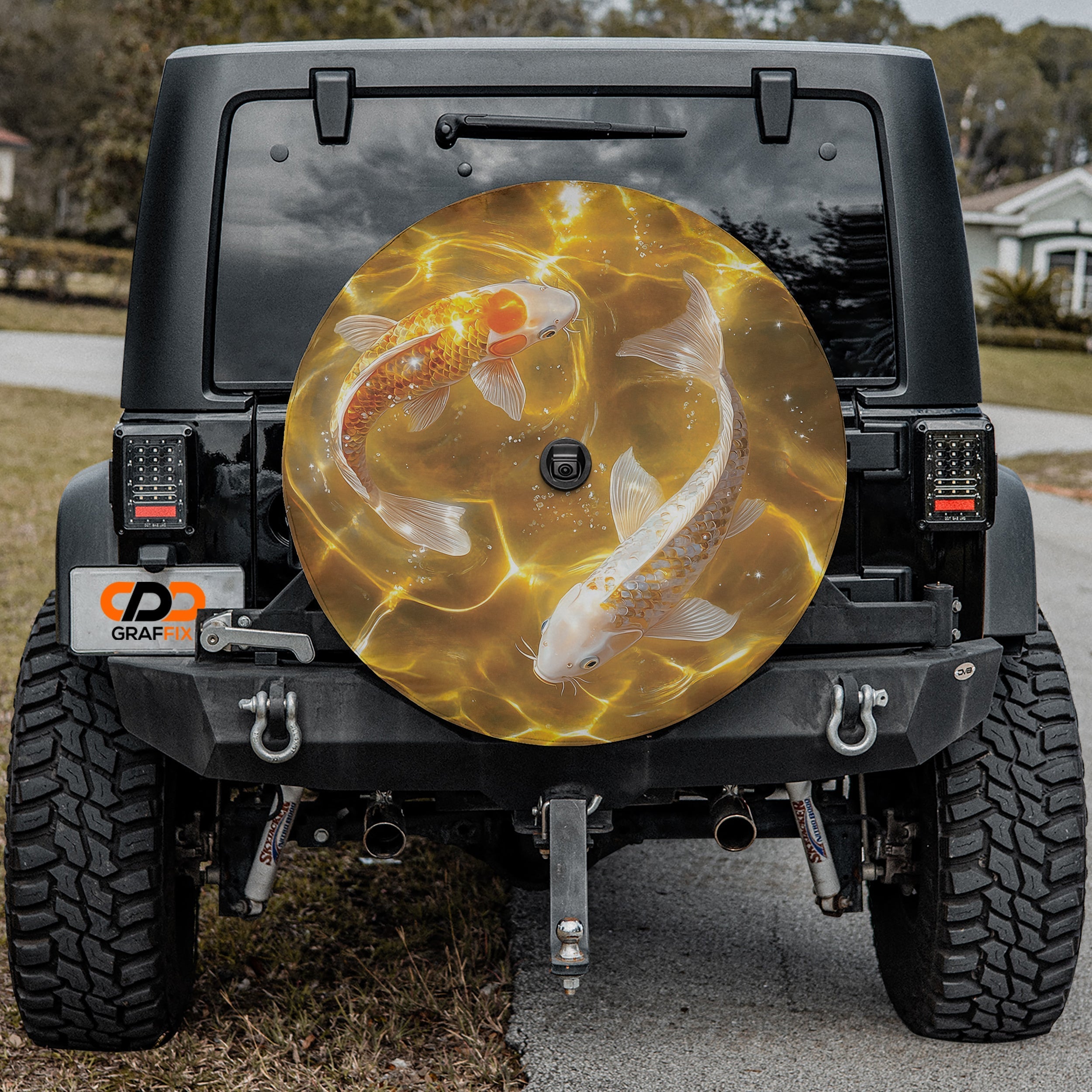 Golden Koi Tranquility design printed spare tire cover with optional backup camera hole by Graffix