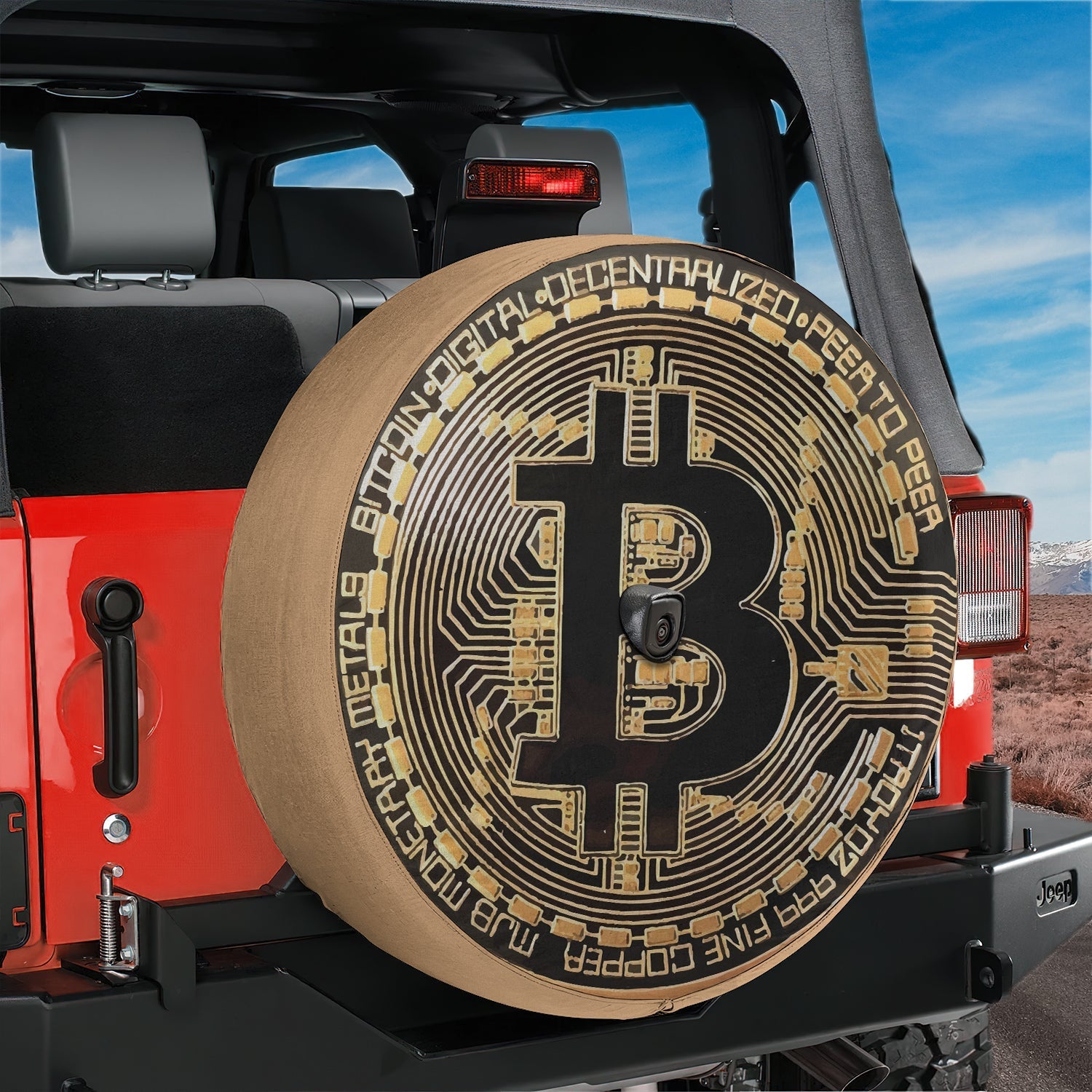 Bitcoin Crypto Token spare tire cover on a red Jeep Wrangler rear with golden B coin and circuit ring design