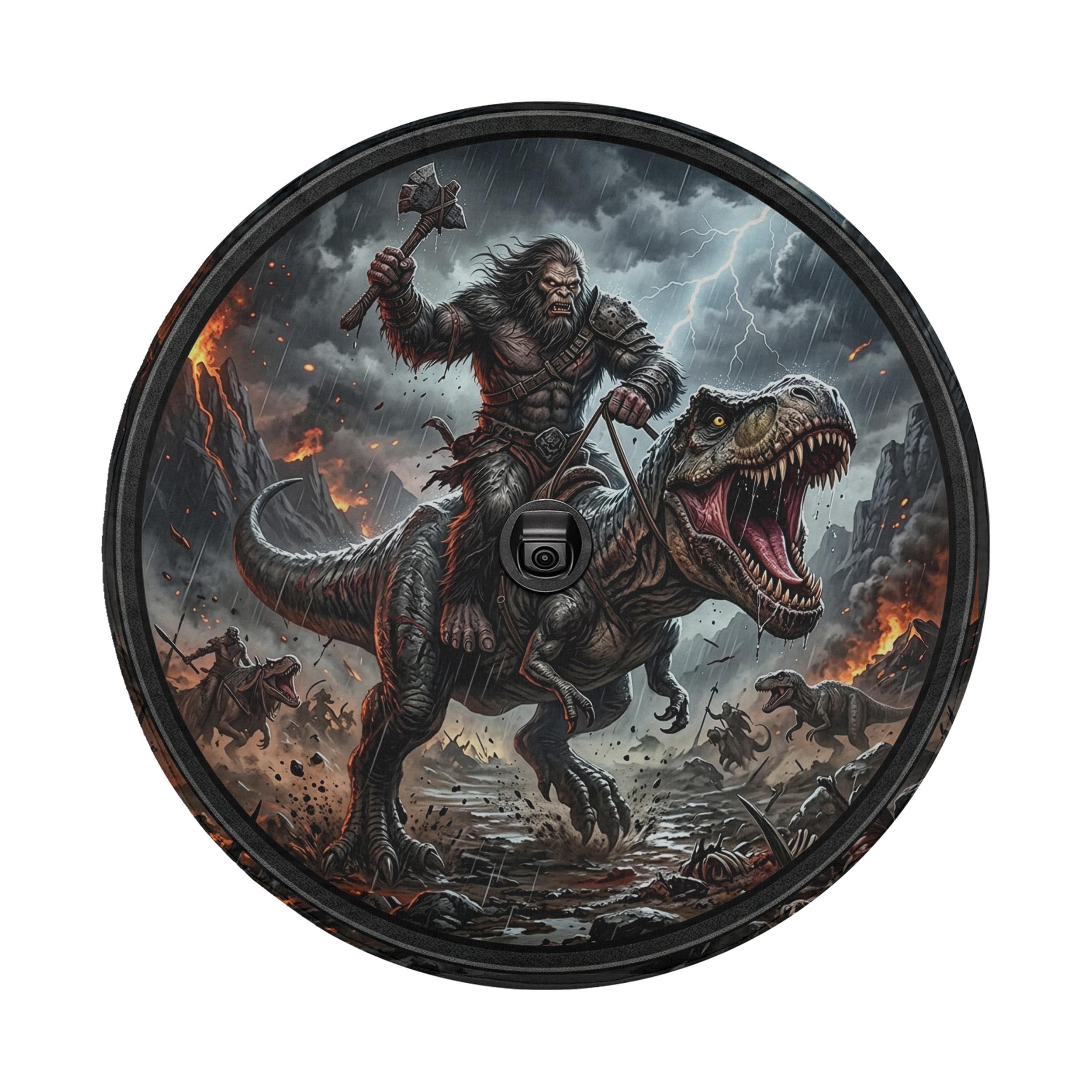 A fierce-looking dinosaur-like creature is riding a large, menacing-looking dinosaur on a rocky, fiery landscape, with a stormy sky overhead.