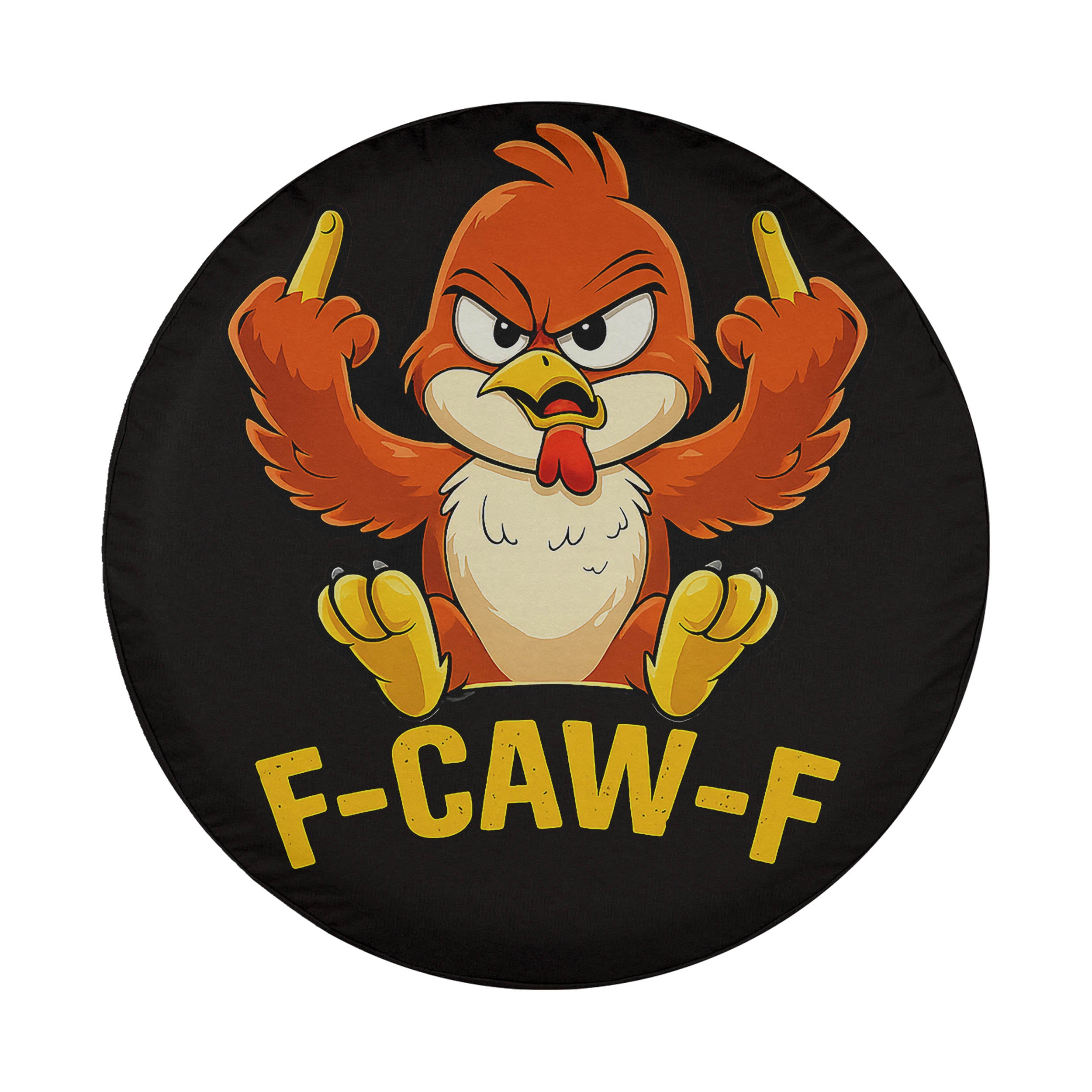 A cartoon image of a bird with a mean expression, holding up two fingers as if to say "F-CAW-F".
