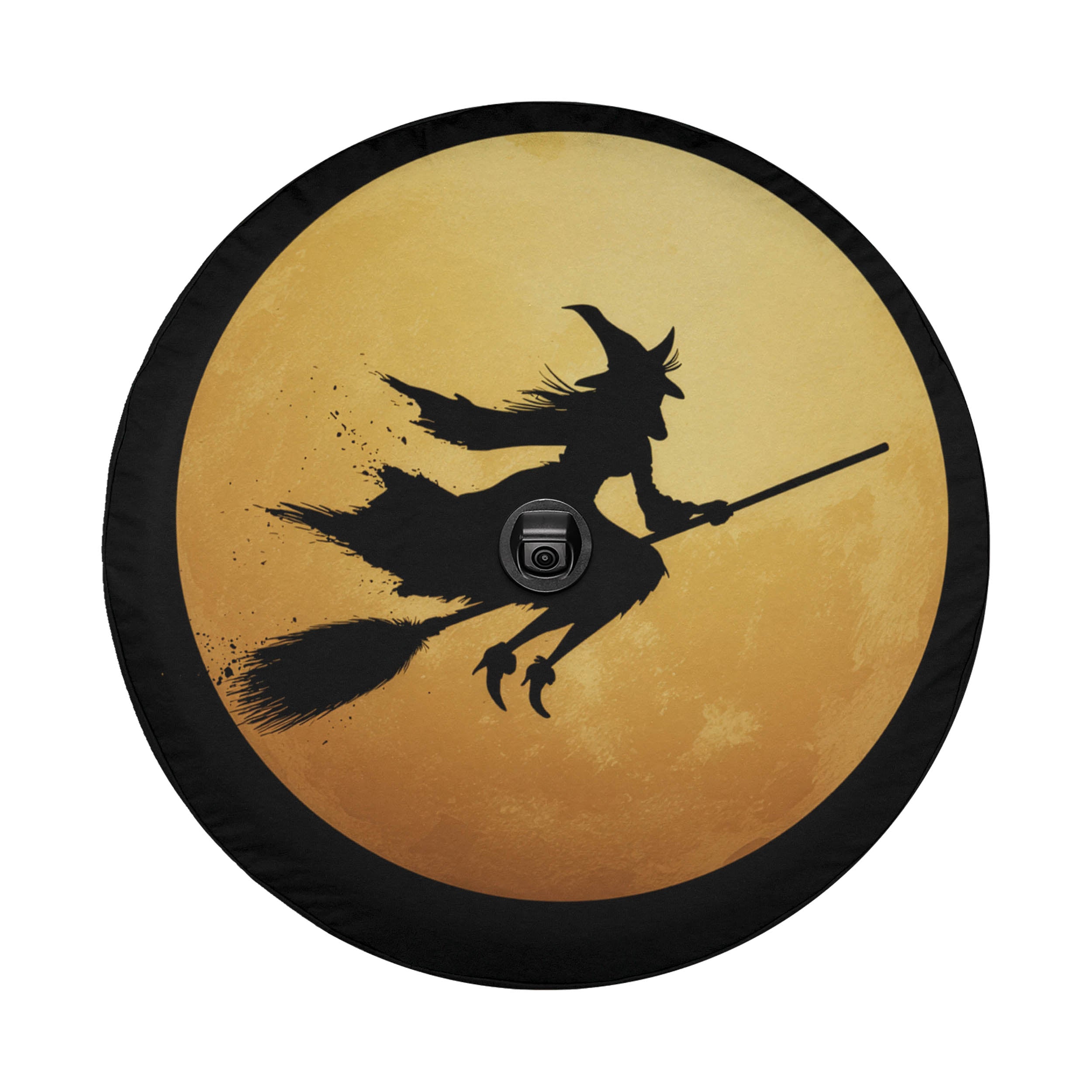 A black and yellow circular design featuring a silhouette of a witch riding a broomstick against a full moon background.