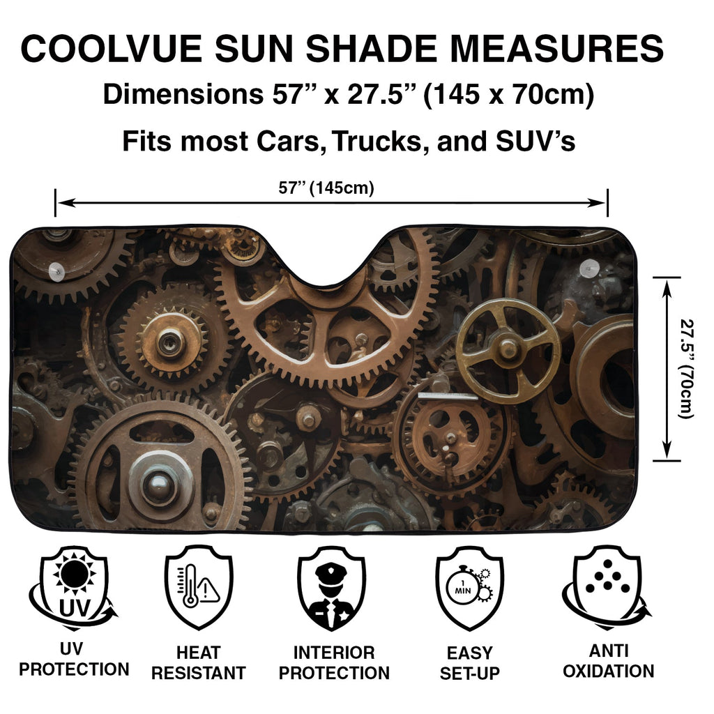 Gears and Sprockets windshield sunshade specs panel with 57 by 27.5 inch dimensions plus UV protection icons