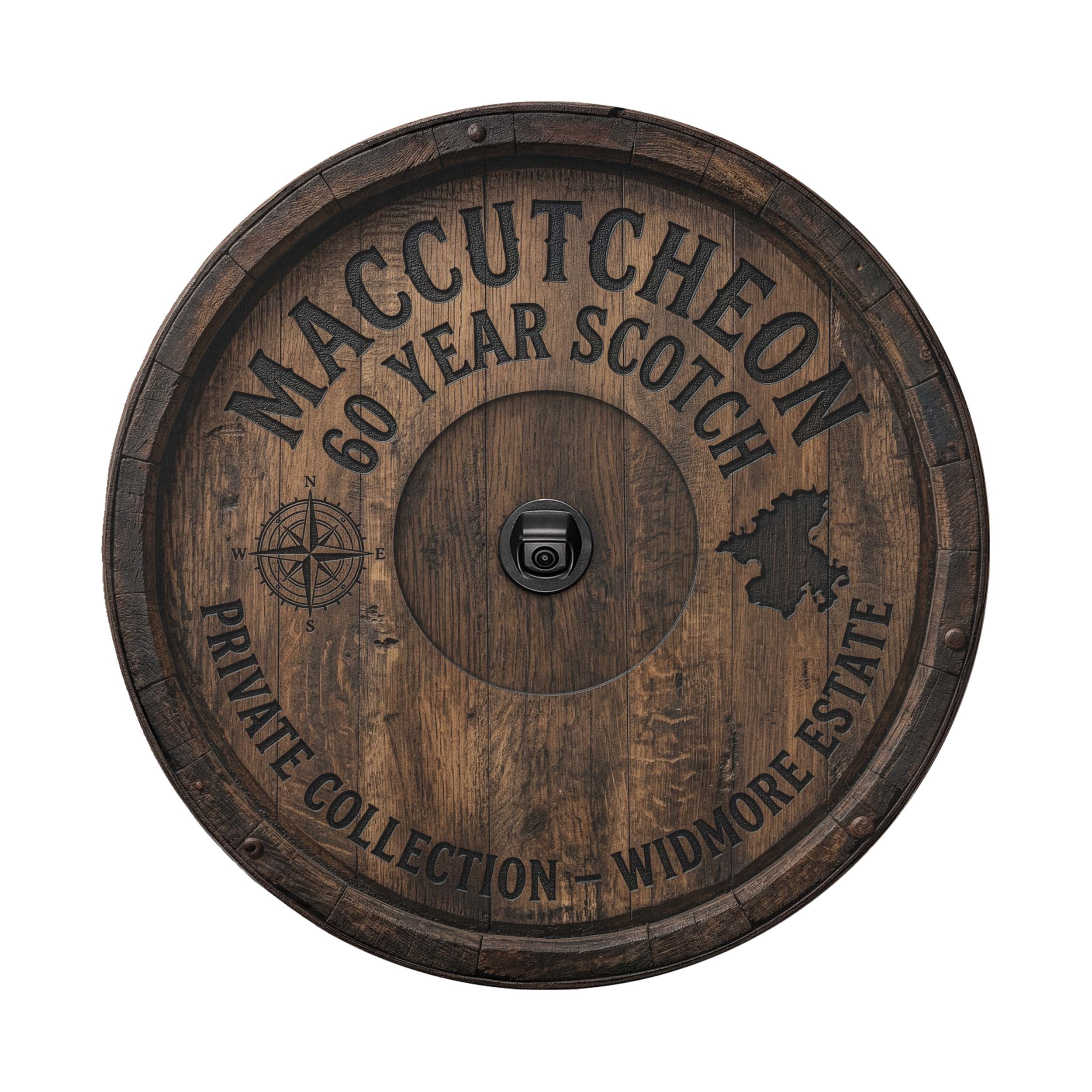 A wooden barrel with embossed text and a compass symbol, indicating it is a 60-year-old Maccutcheon Private Collection.
