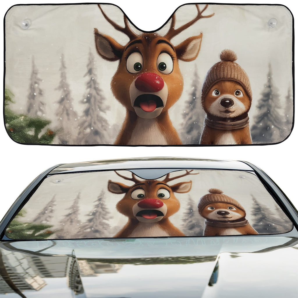 Surprised Rudolph reindeer accordion sunshade installed in a sedan windshield on a sunny city street view