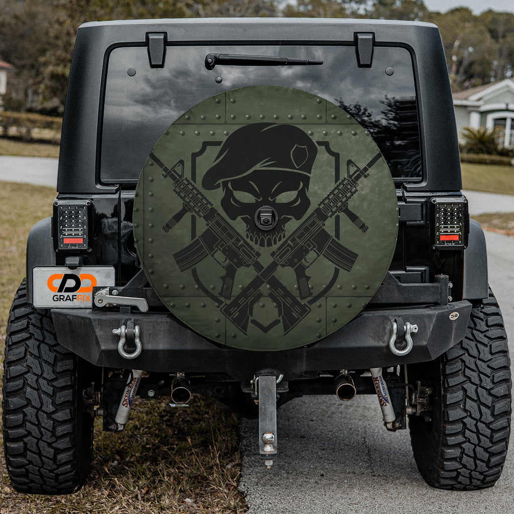 Covert Ops Badge spare tire cover with military insignia mounted on Jeep Wrangler tailgate