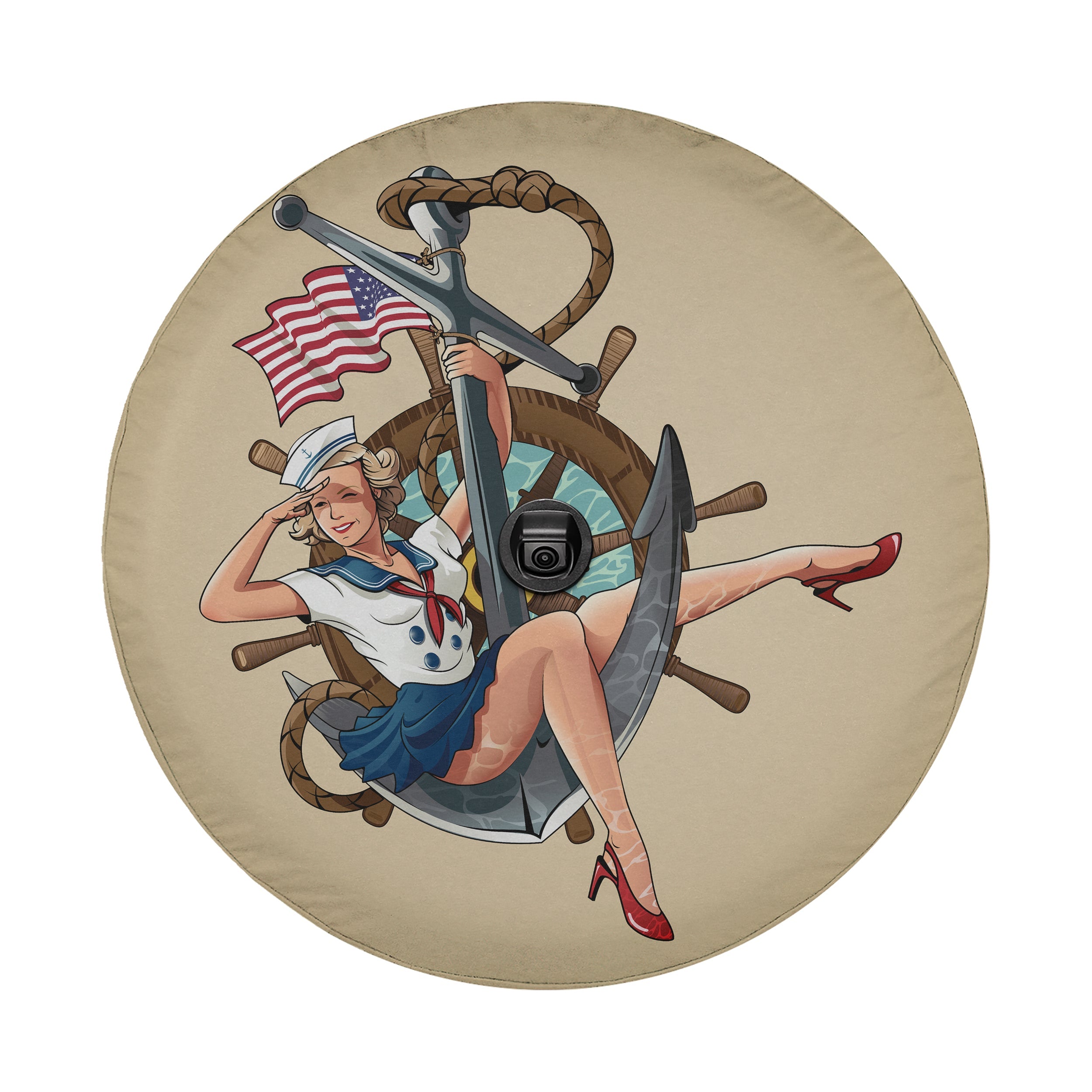 A woman wearing a sailor's outfit is depicted in a circular design, holding a large anchor and surrounded by a nautical theme.
