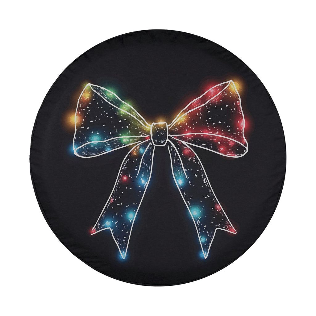 Christmas Lights Bow tire cover white background art of glowing rainbow string light ribbon bow shape